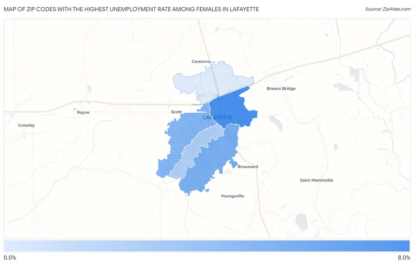 Zip Codes with the Highest Unemployment Rate Among Females in Lafayette Map