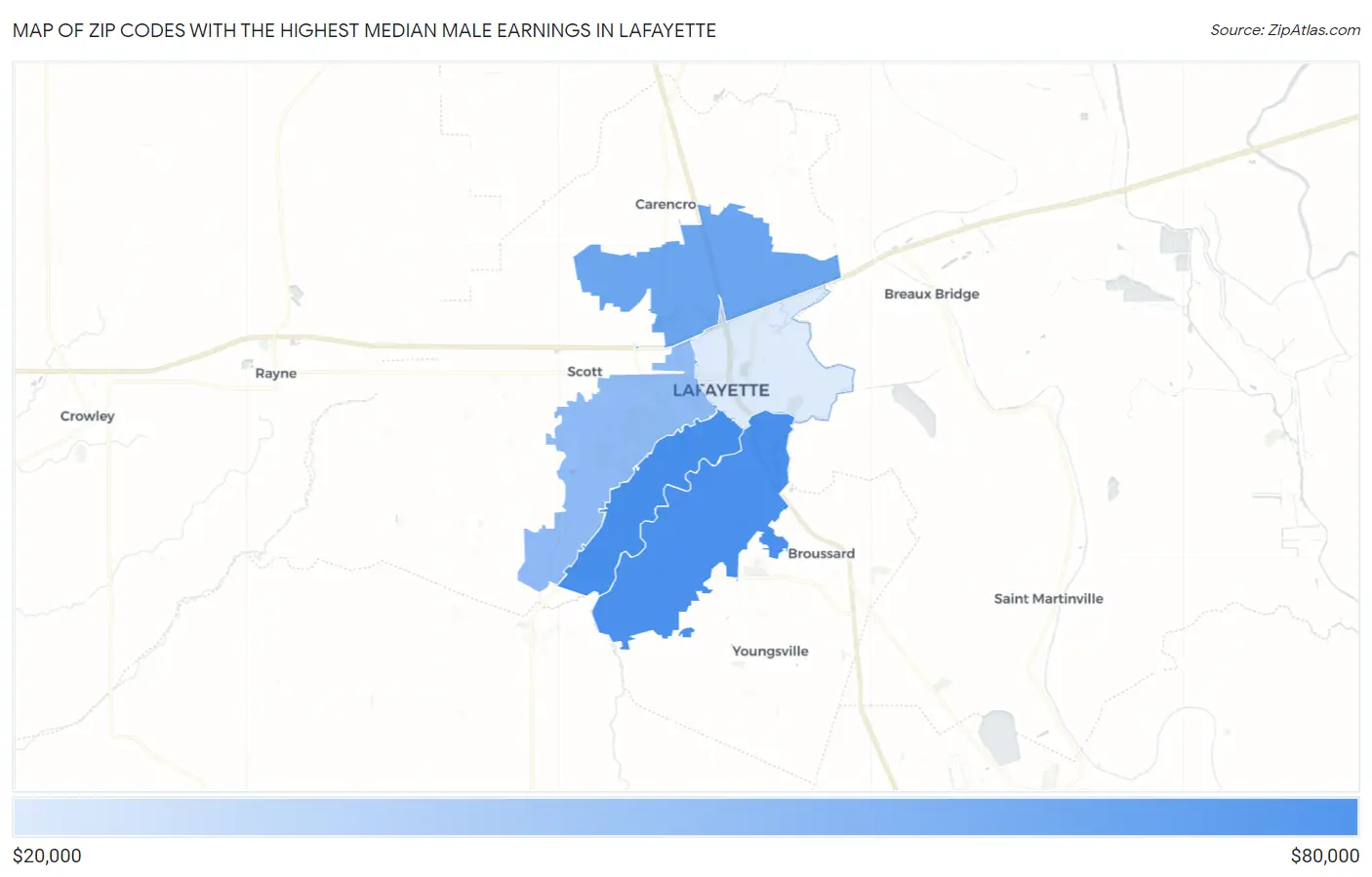 Zip Codes with the Highest Median Male Earnings in Lafayette Map