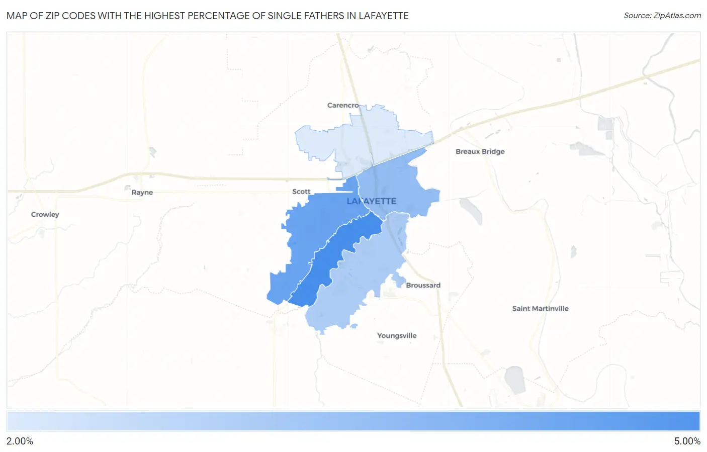 Zip Codes with the Highest Percentage of Single Fathers in Lafayette Map