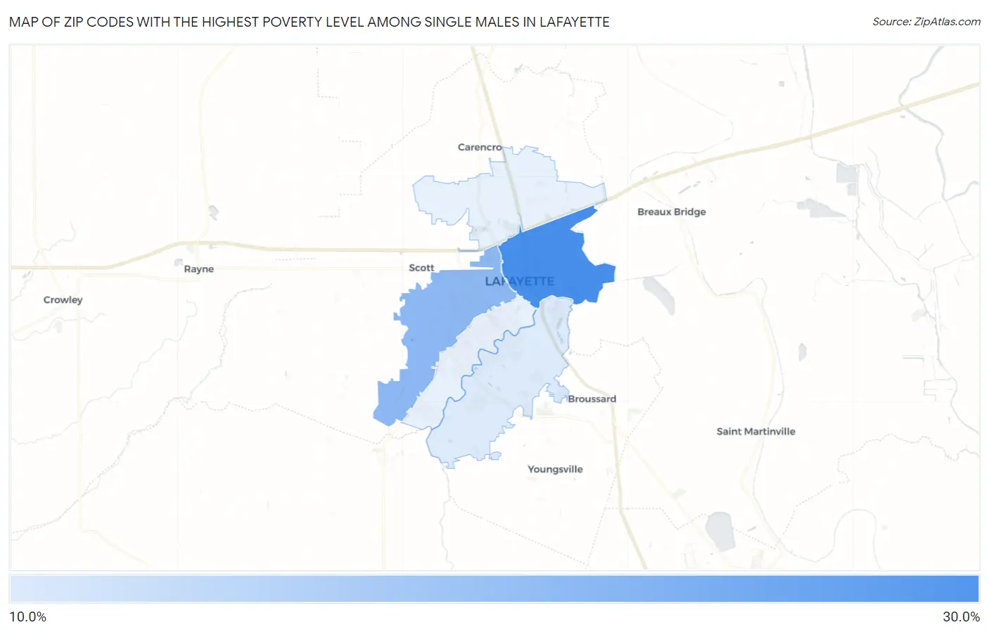 Zip Codes with the Highest Poverty Level Among Single Males in Lafayette Map