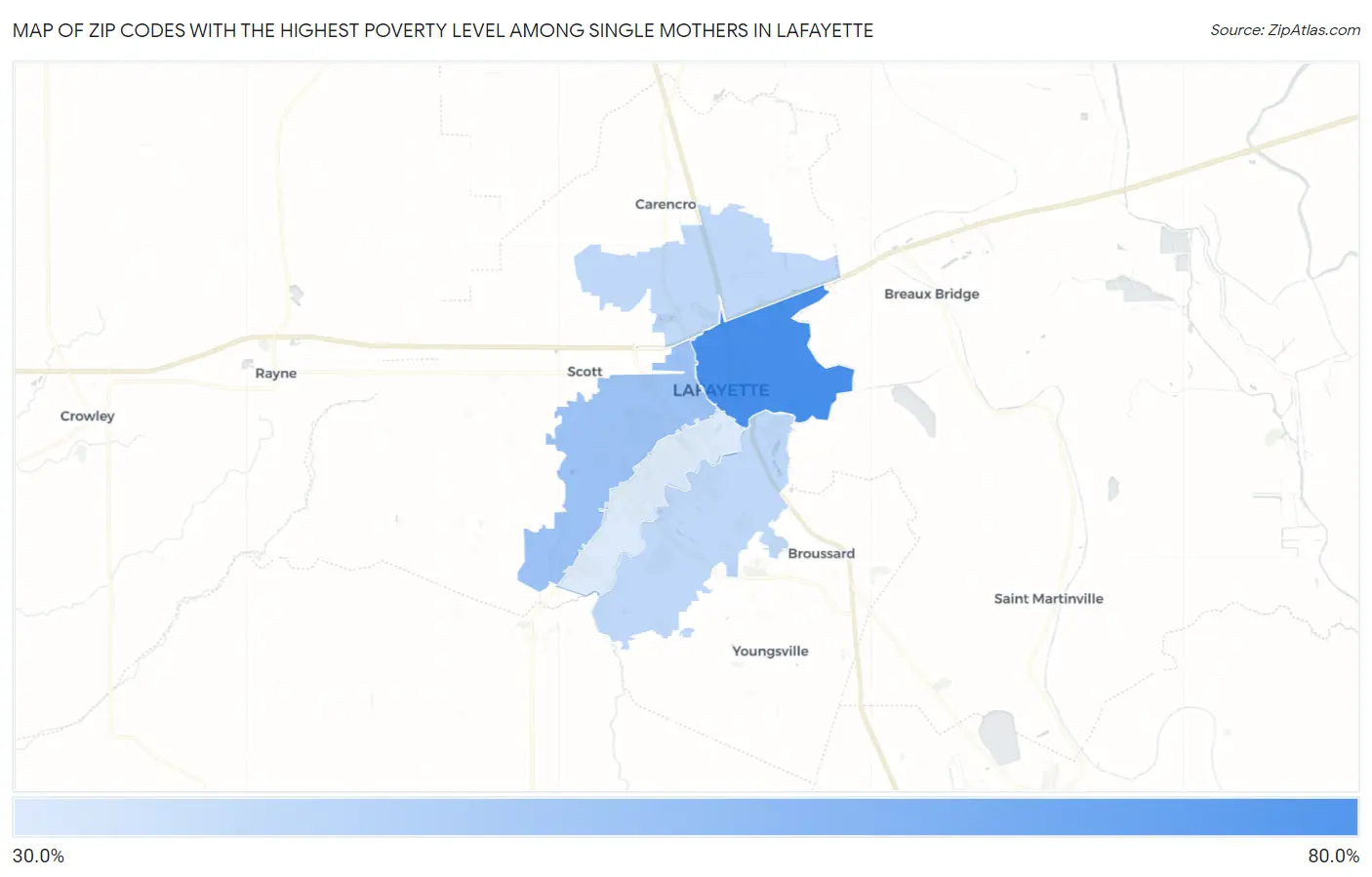 Zip Codes with the Highest Poverty Level Among Single Mothers in Lafayette Map