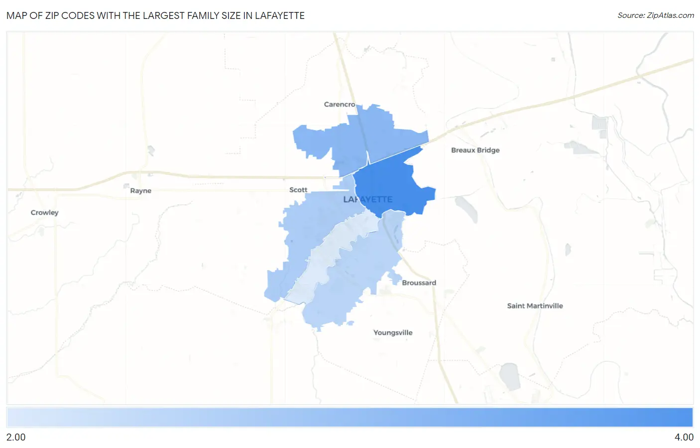 Zip Codes with the Largest Family Size in Lafayette Map