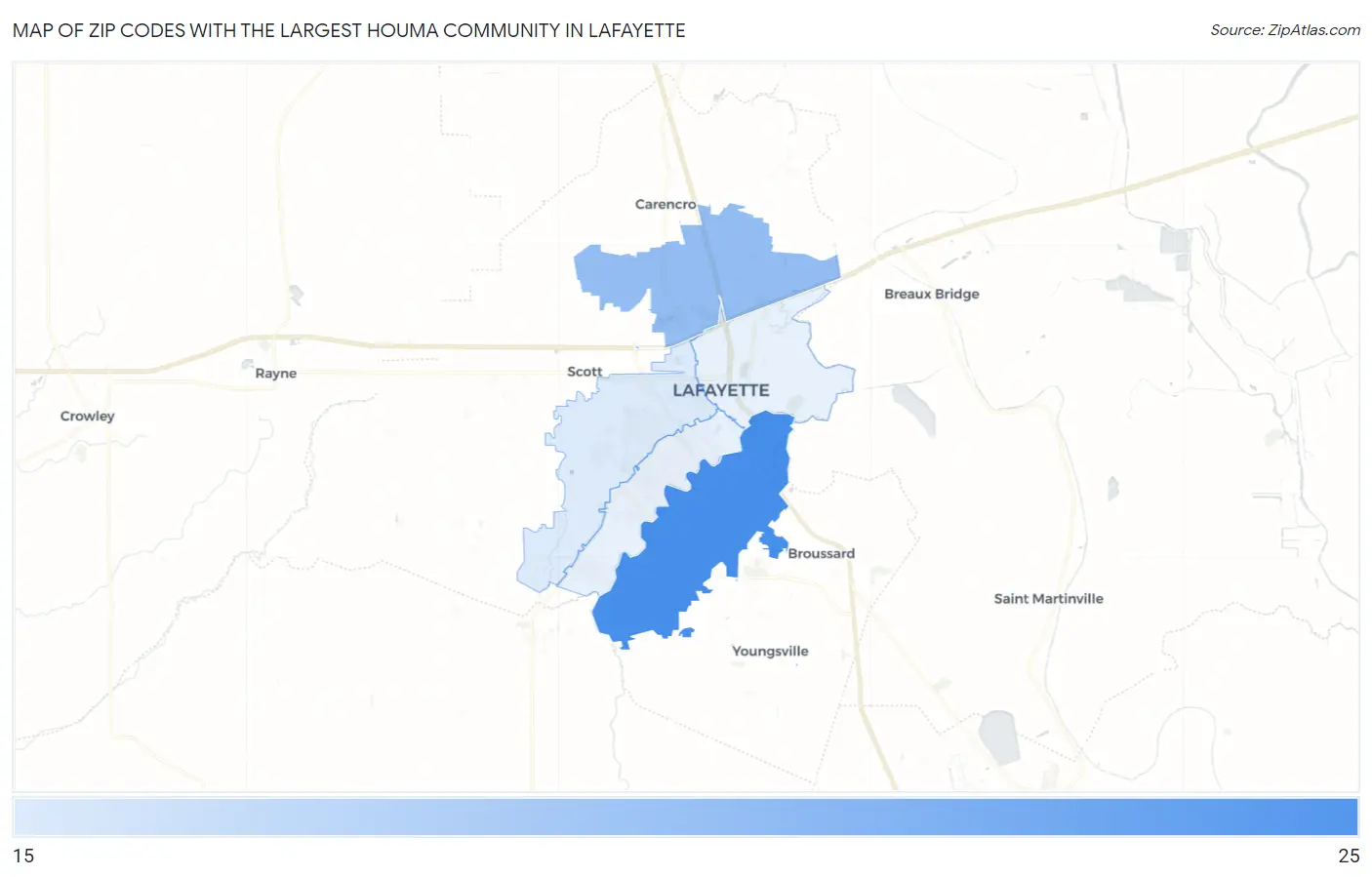 Zip Codes with the Largest Houma Community in Lafayette Map