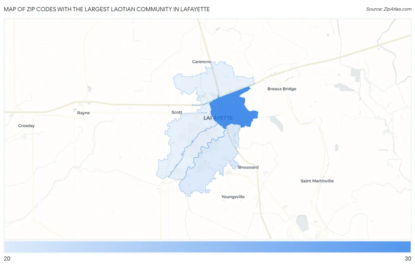 Zip Codes with the Largest Laotian Community in Lafayette Map