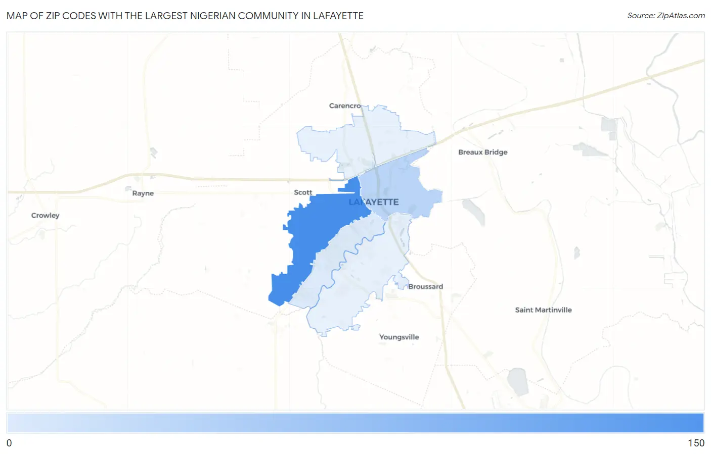Zip Codes with the Largest Nigerian Community in Lafayette Map