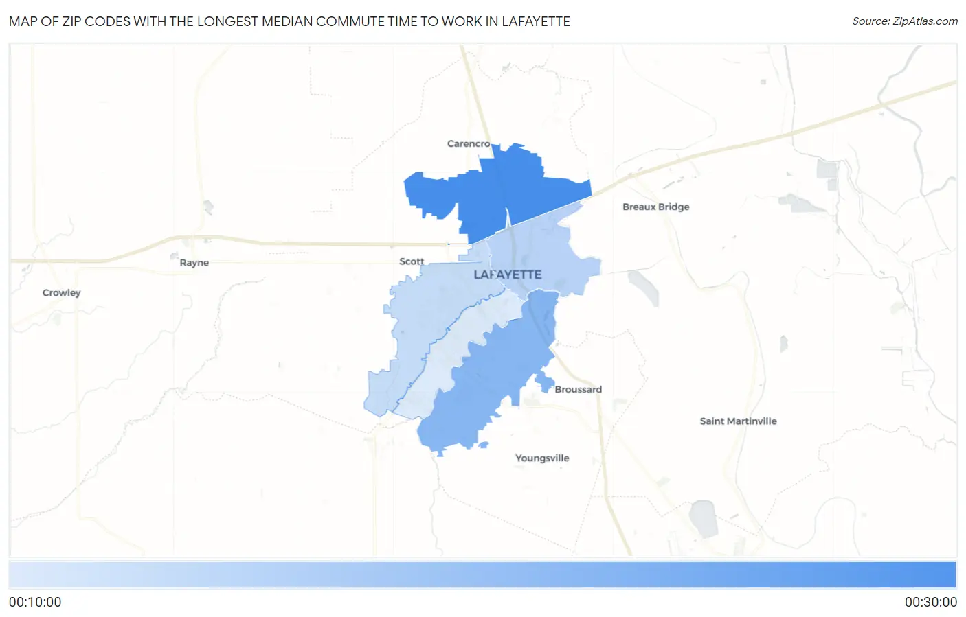 Zip Codes with the Longest Median Commute Time to Work in Lafayette Map