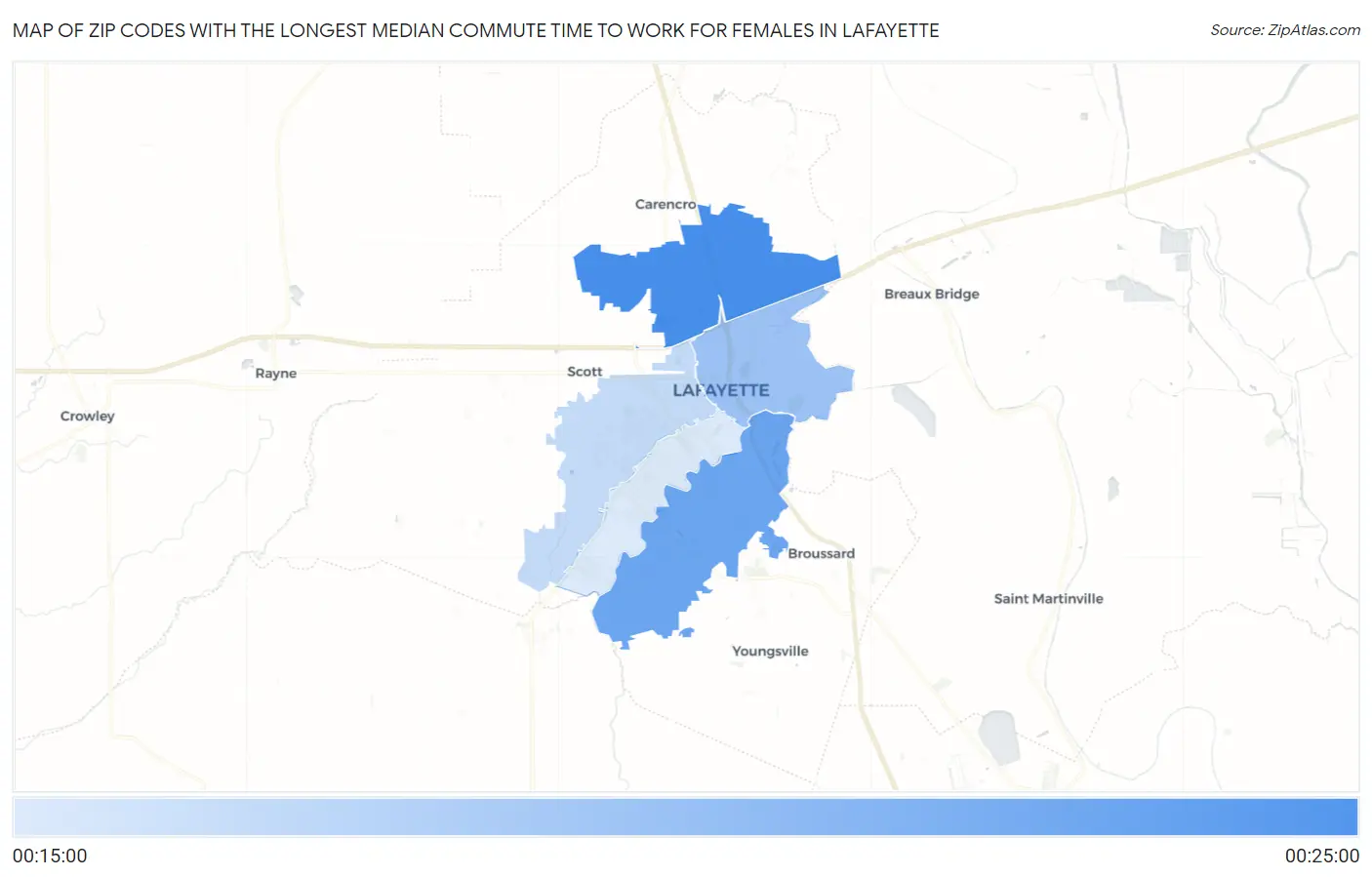 Zip Codes with the Longest Median Commute Time to Work for Females in Lafayette Map