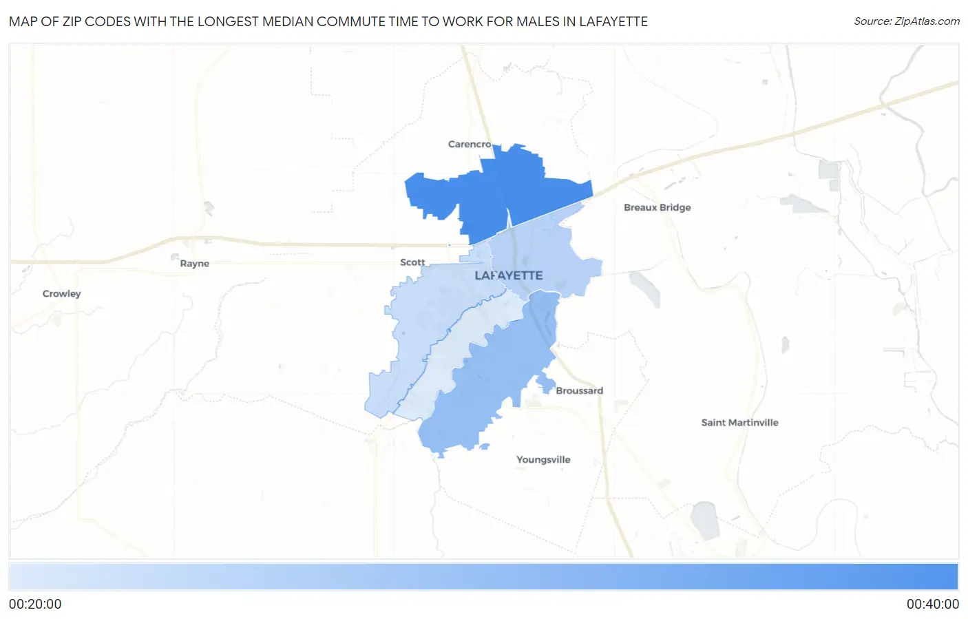 Zip Codes with the Longest Median Commute Time to Work for Males in Lafayette Map