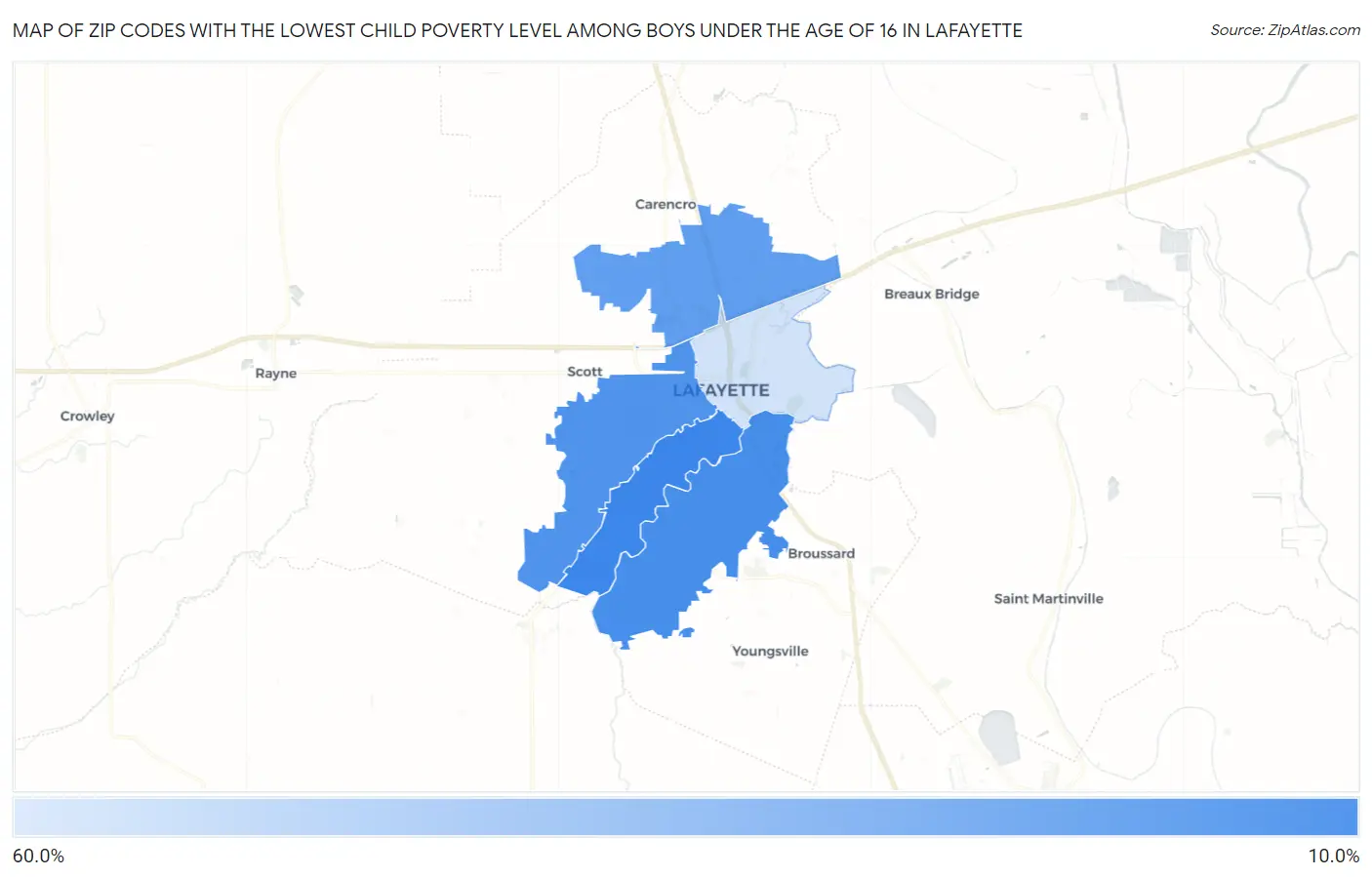 Zip Codes with the Lowest Child Poverty Level Among Boys Under the Age of 16 in Lafayette Map