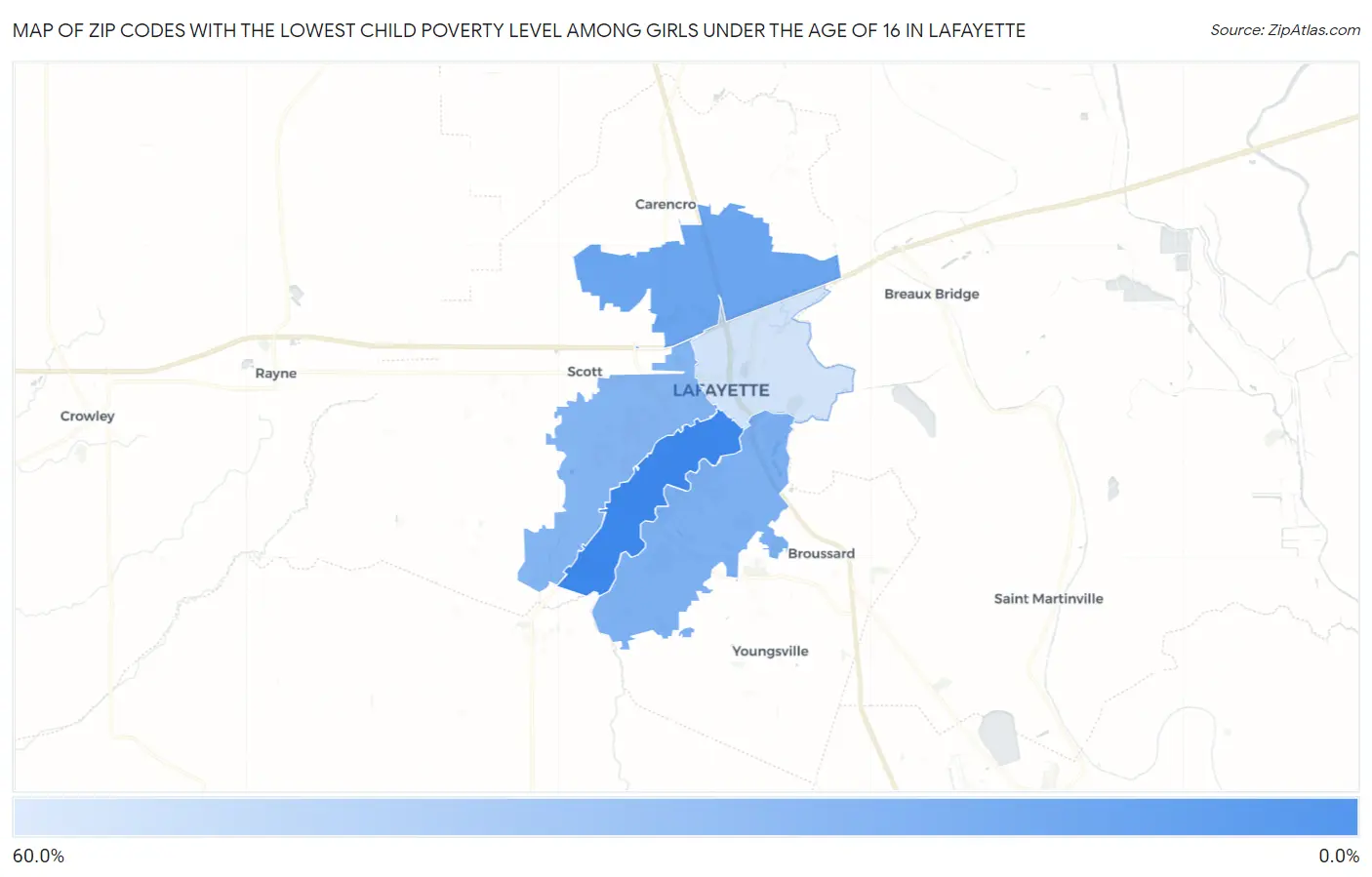 Zip Codes with the Lowest Child Poverty Level Among Girls Under the Age of 16 in Lafayette Map