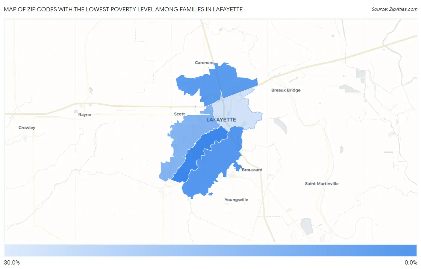Zip Codes with the Lowest Poverty Level Among Families in Lafayette Map