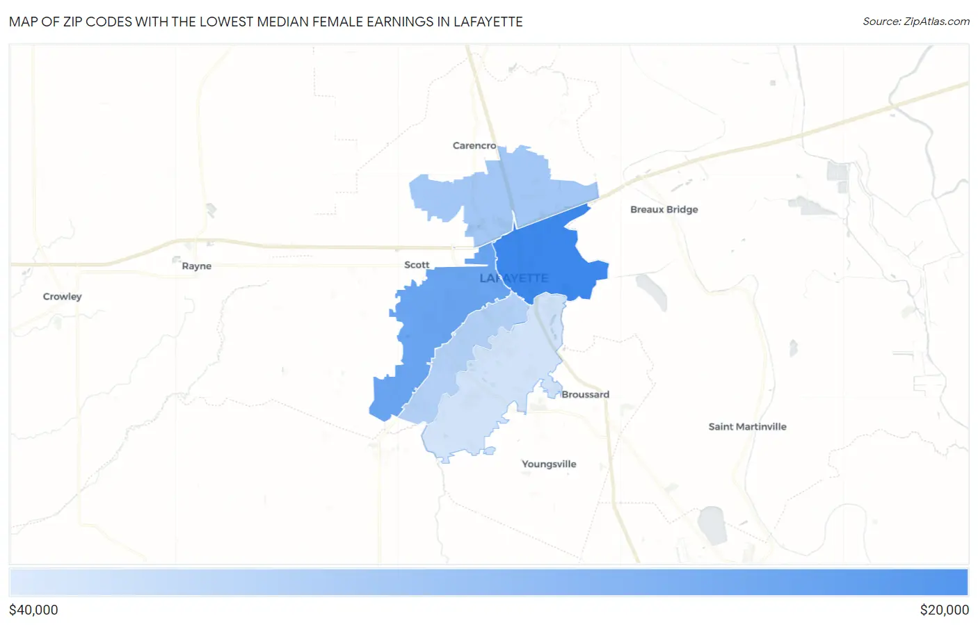 Zip Codes with the Lowest Median Female Earnings in Lafayette Map