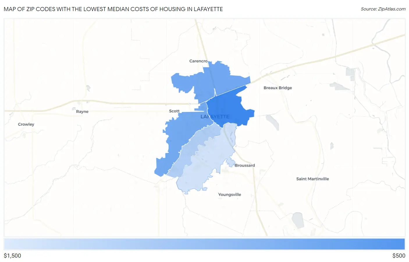 Zip Codes with the Lowest Median Costs of Housing in Lafayette Map
