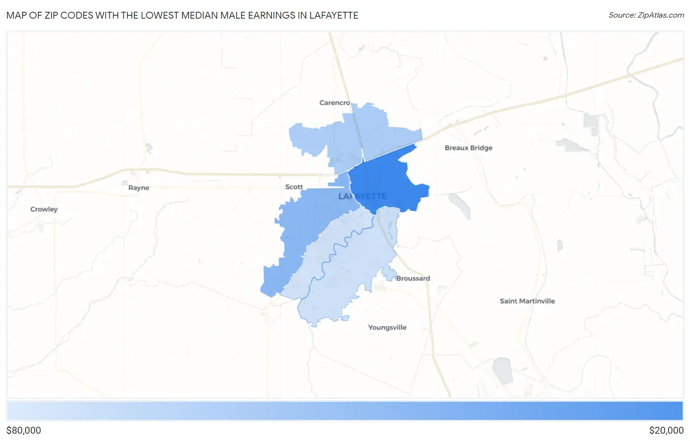 Zip Codes with the Lowest Median Male Earnings in Lafayette Map