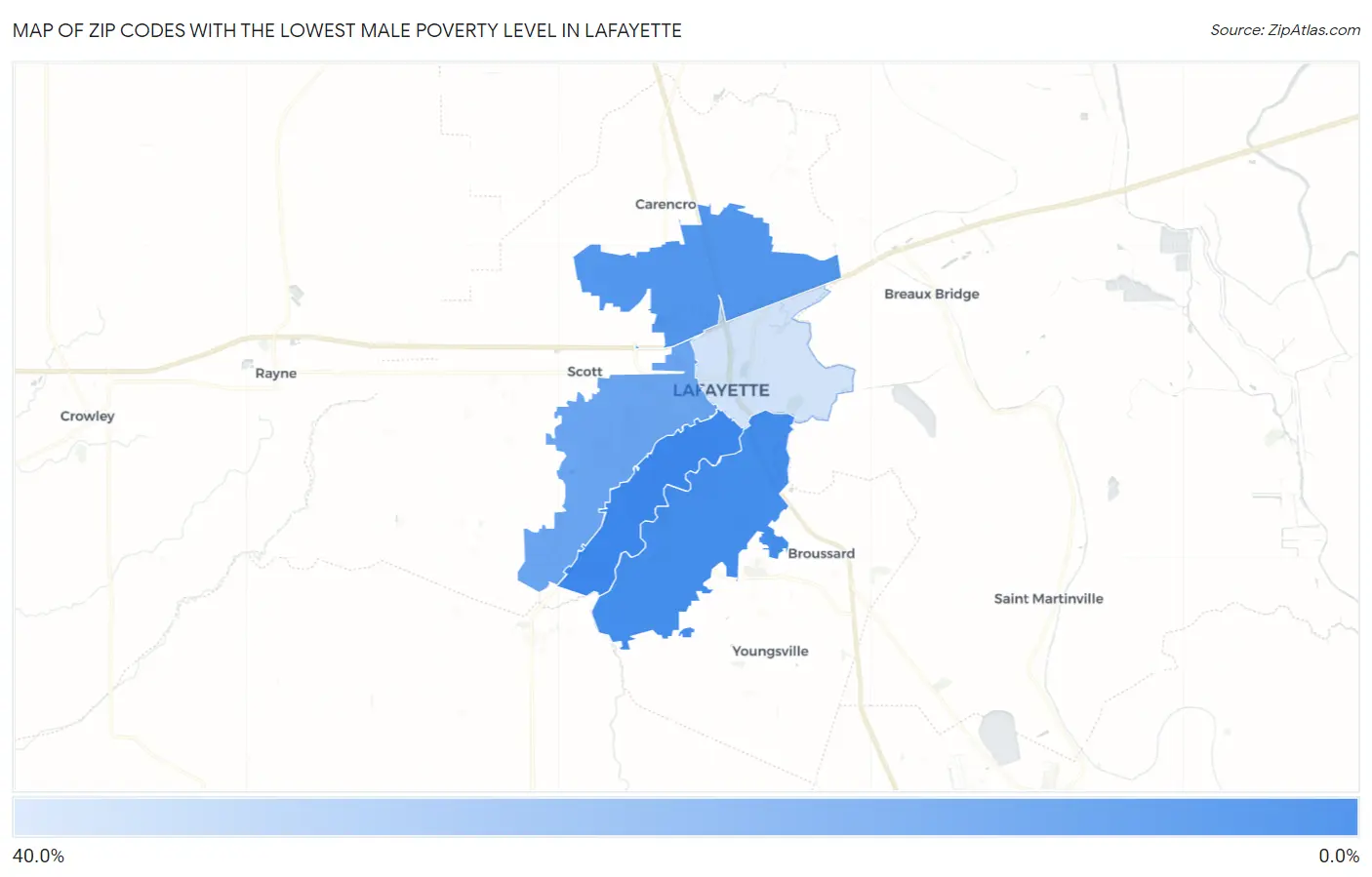 Zip Codes with the Lowest Male Poverty Level in Lafayette Map