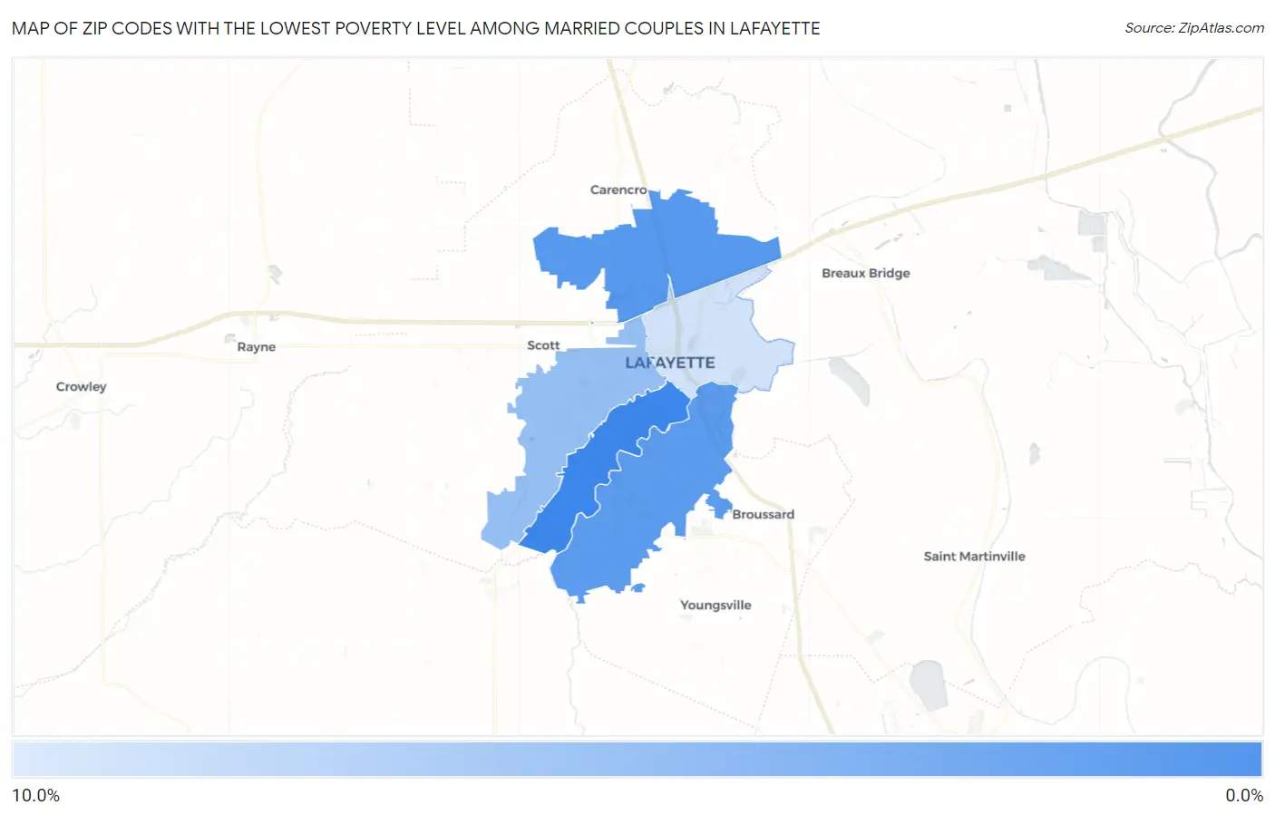 Zip Codes with the Lowest Poverty Level Among Married Couples in Lafayette Map