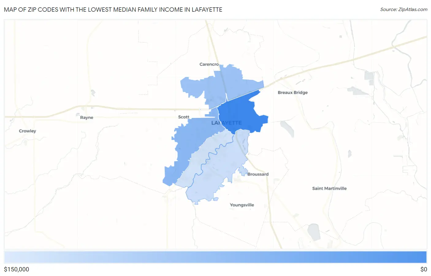 Zip Codes with the Lowest Median Family Income in Lafayette Map