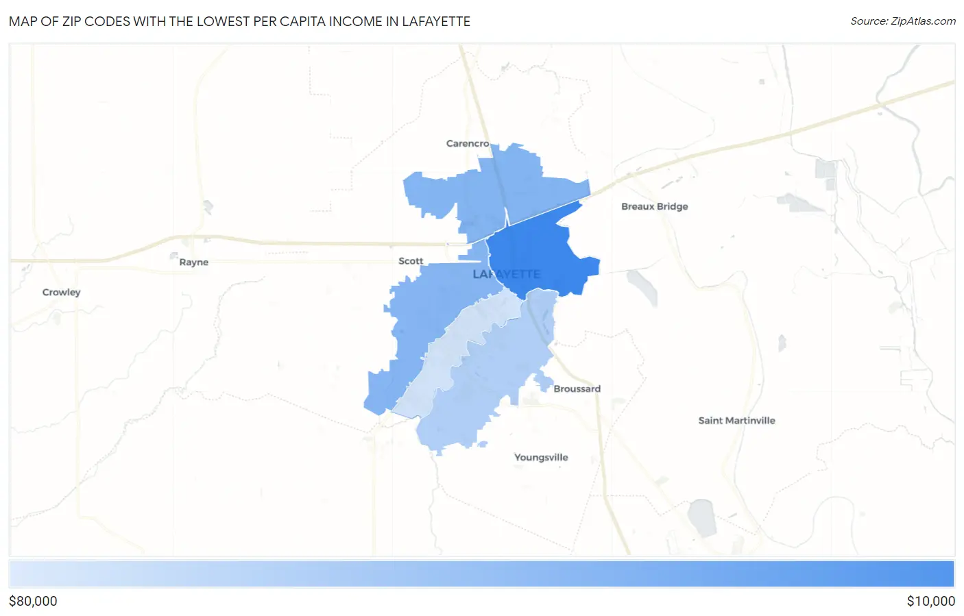 Zip Codes with the Lowest Per Capita Income in Lafayette Map