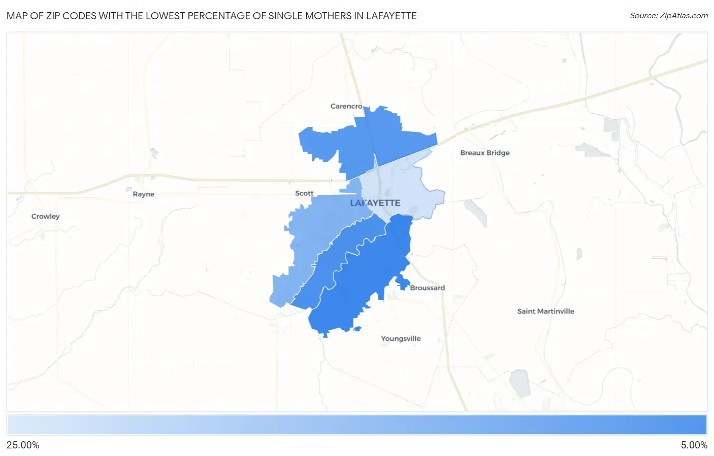 Zip Codes with the Lowest Percentage of Single Mothers in Lafayette Map