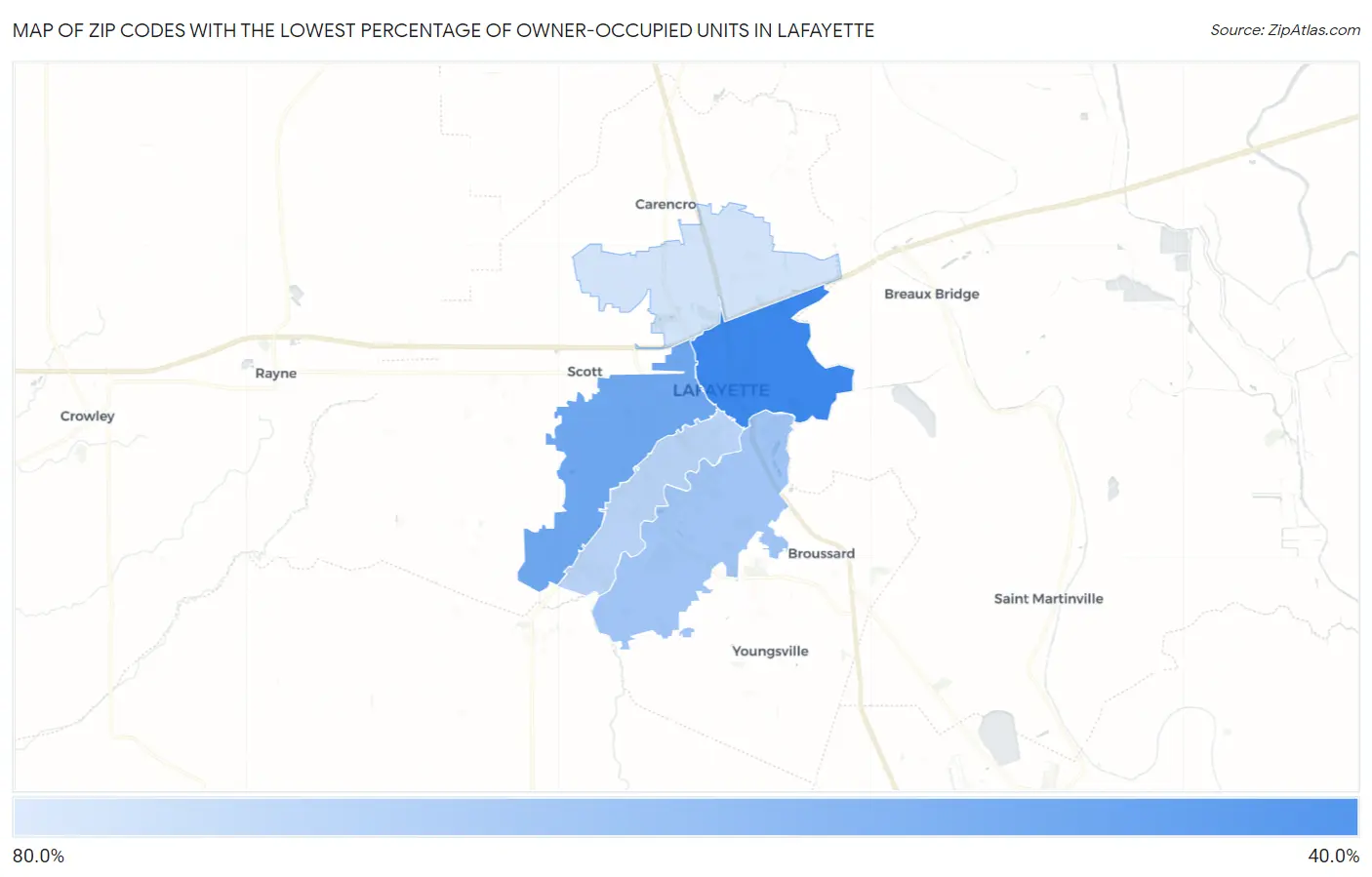 Zip Codes with the Lowest Percentage of Owner-Occupied Units in Lafayette Map