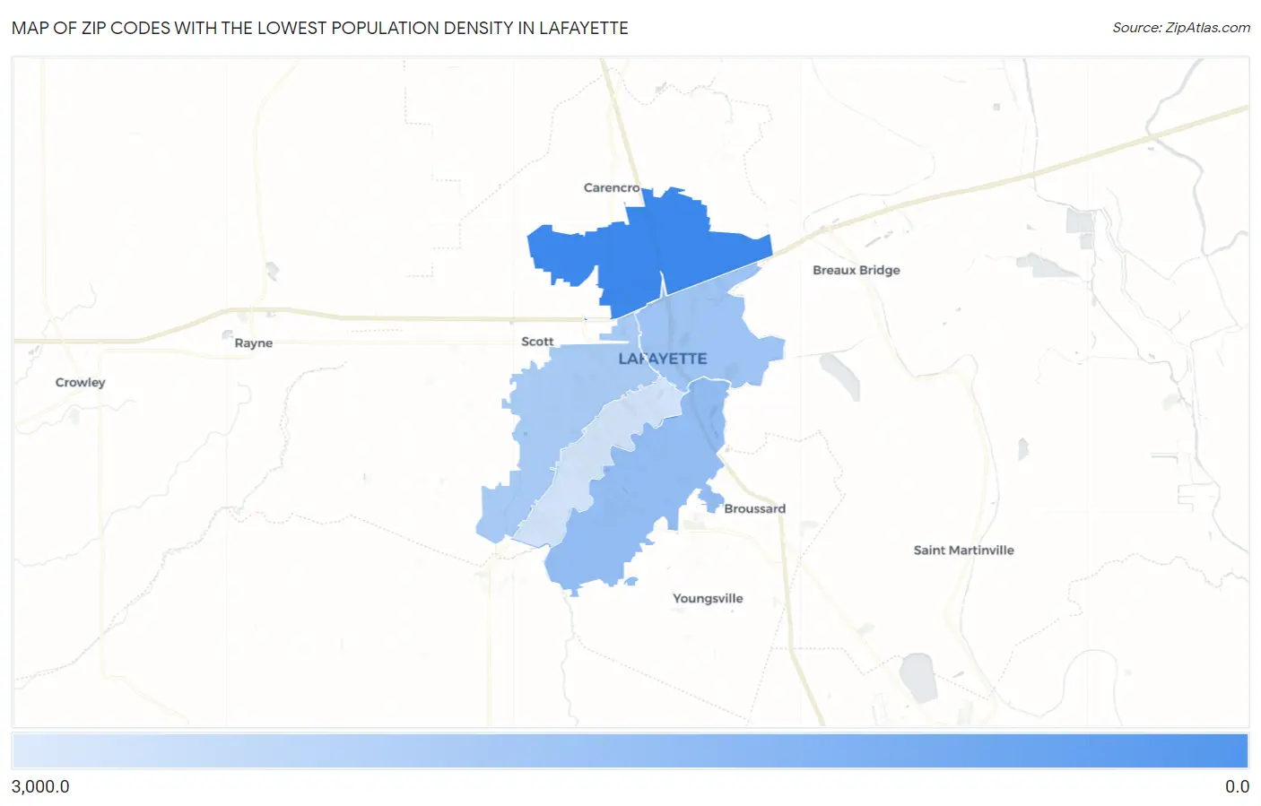 Zip Codes with the Lowest Population Density in Lafayette Map