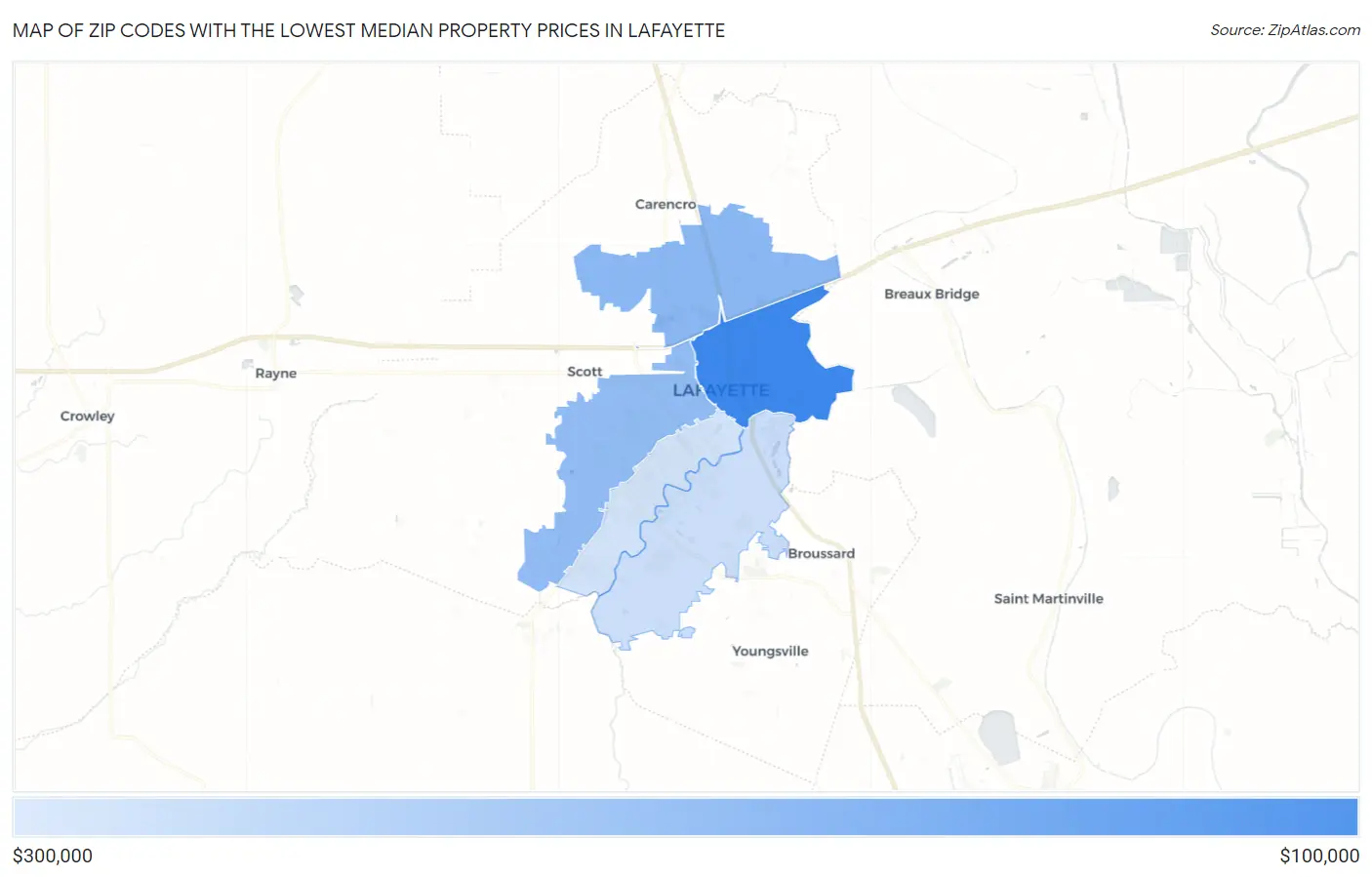Zip Codes with the Lowest Median Property Prices in Lafayette Map