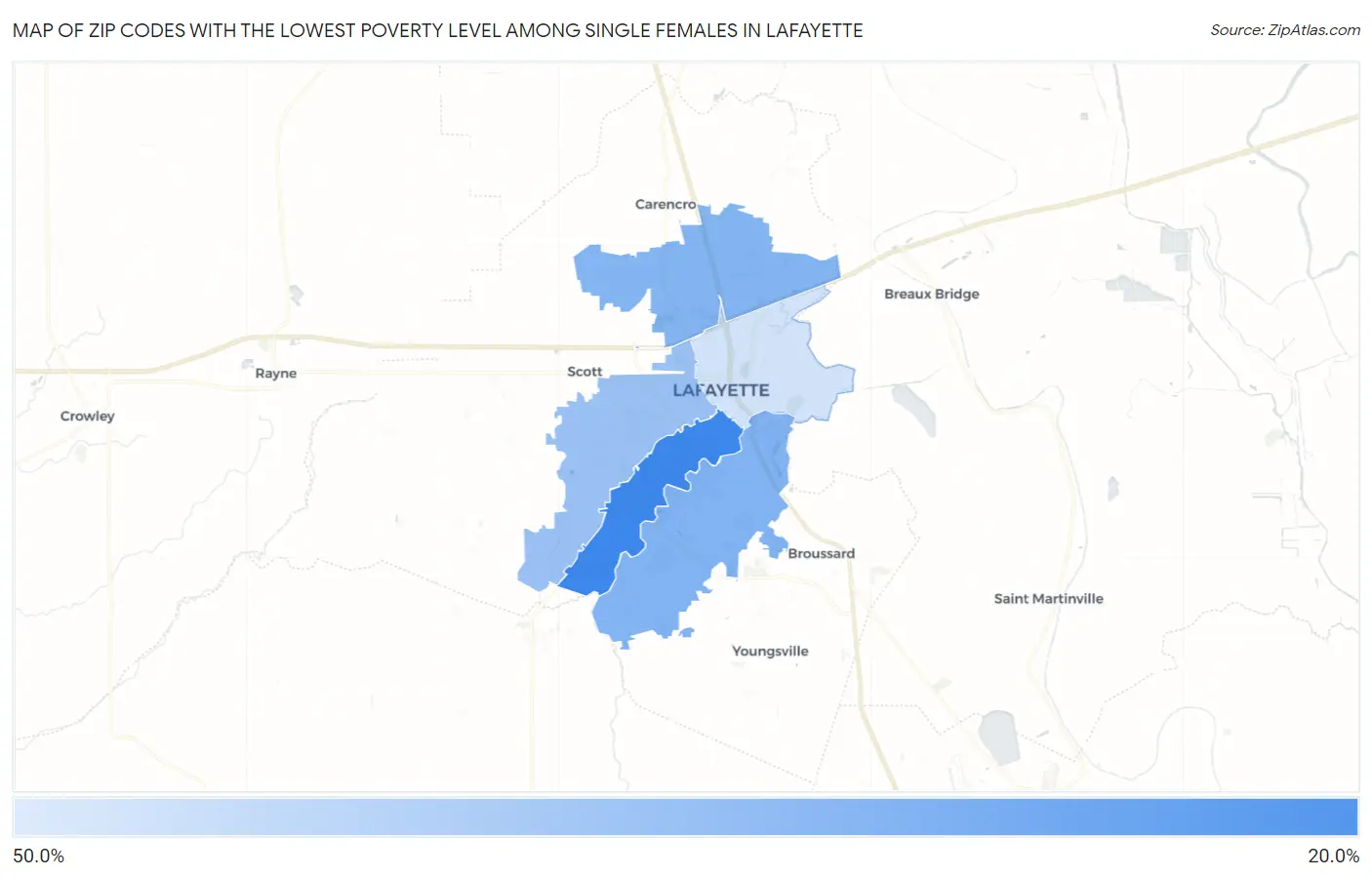 Zip Codes with the Lowest Poverty Level Among Single Females in Lafayette Map