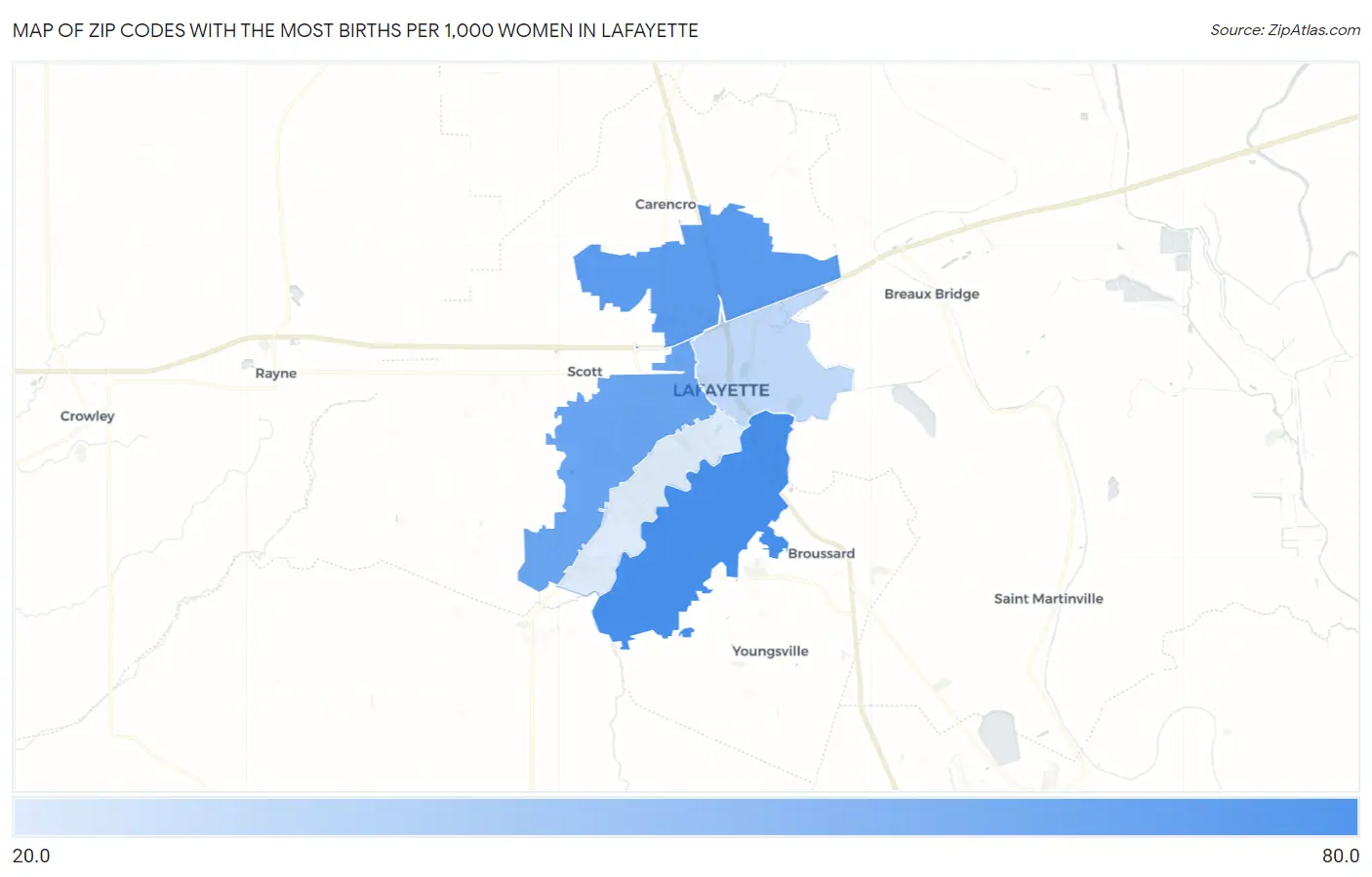 Zip Codes with the Most Births per 1,000 Women in Lafayette Map