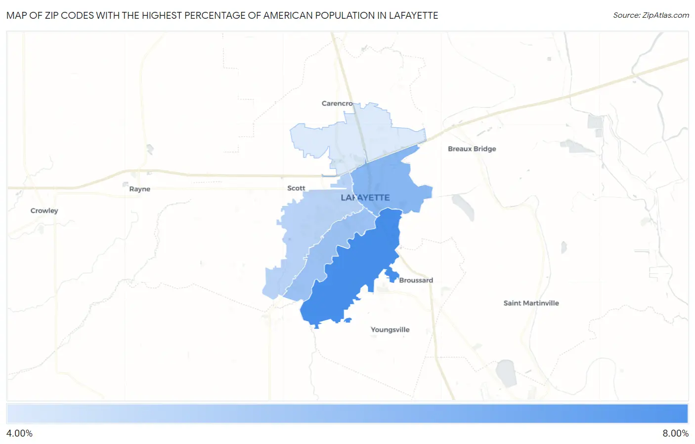 Zip Codes with the Highest Percentage of American Population in Lafayette Map