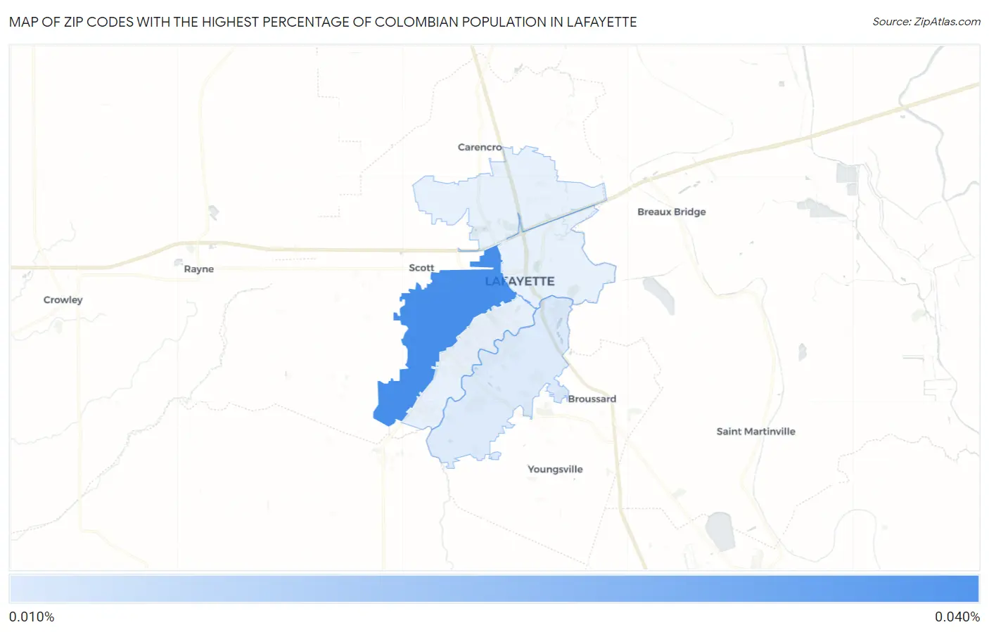 Zip Codes with the Highest Percentage of Colombian Population in Lafayette Map