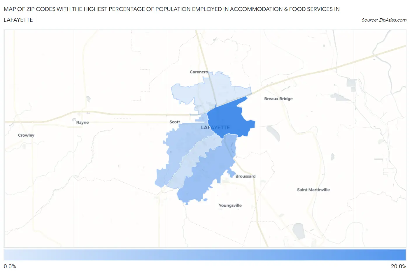 Zip Codes with the Highest Percentage of Population Employed in Accommodation & Food Services in Lafayette Map