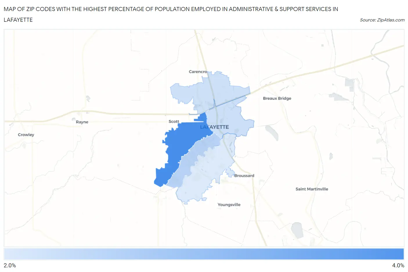 Zip Codes with the Highest Percentage of Population Employed in Administrative & Support Services in Lafayette Map