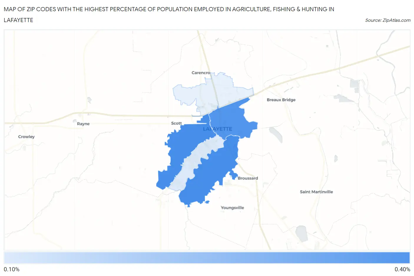 Zip Codes with the Highest Percentage of Population Employed in Agriculture, Fishing & Hunting in Lafayette Map