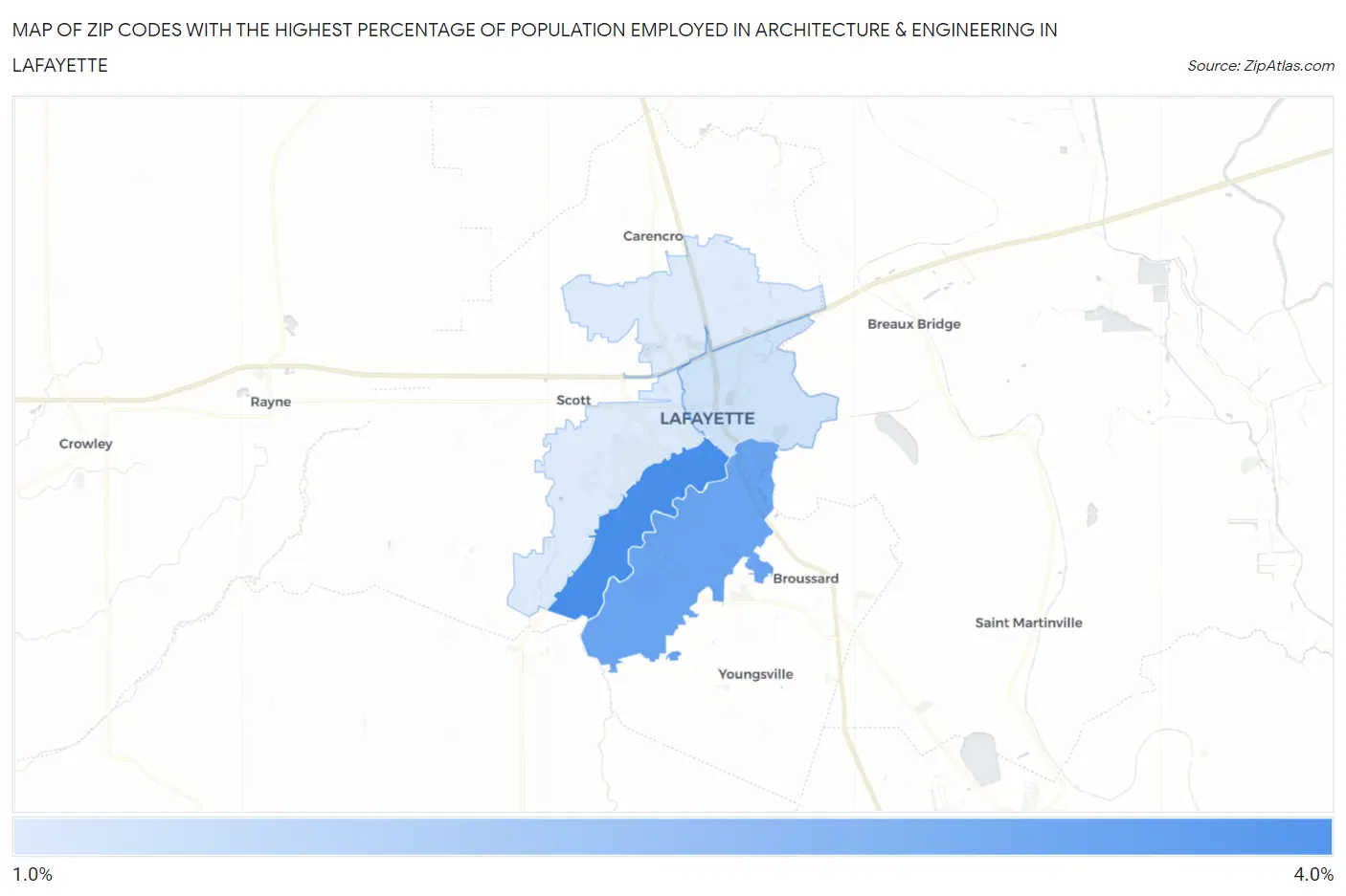 Zip Codes with the Highest Percentage of Population Employed in Architecture & Engineering in Lafayette Map