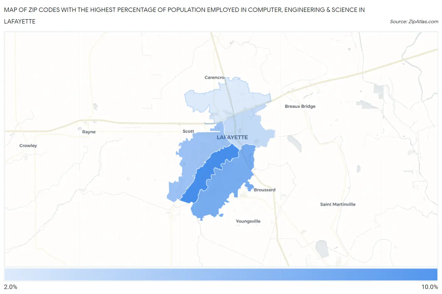 Zip Codes with the Highest Percentage of Population Employed in Computer, Engineering & Science in Lafayette Map