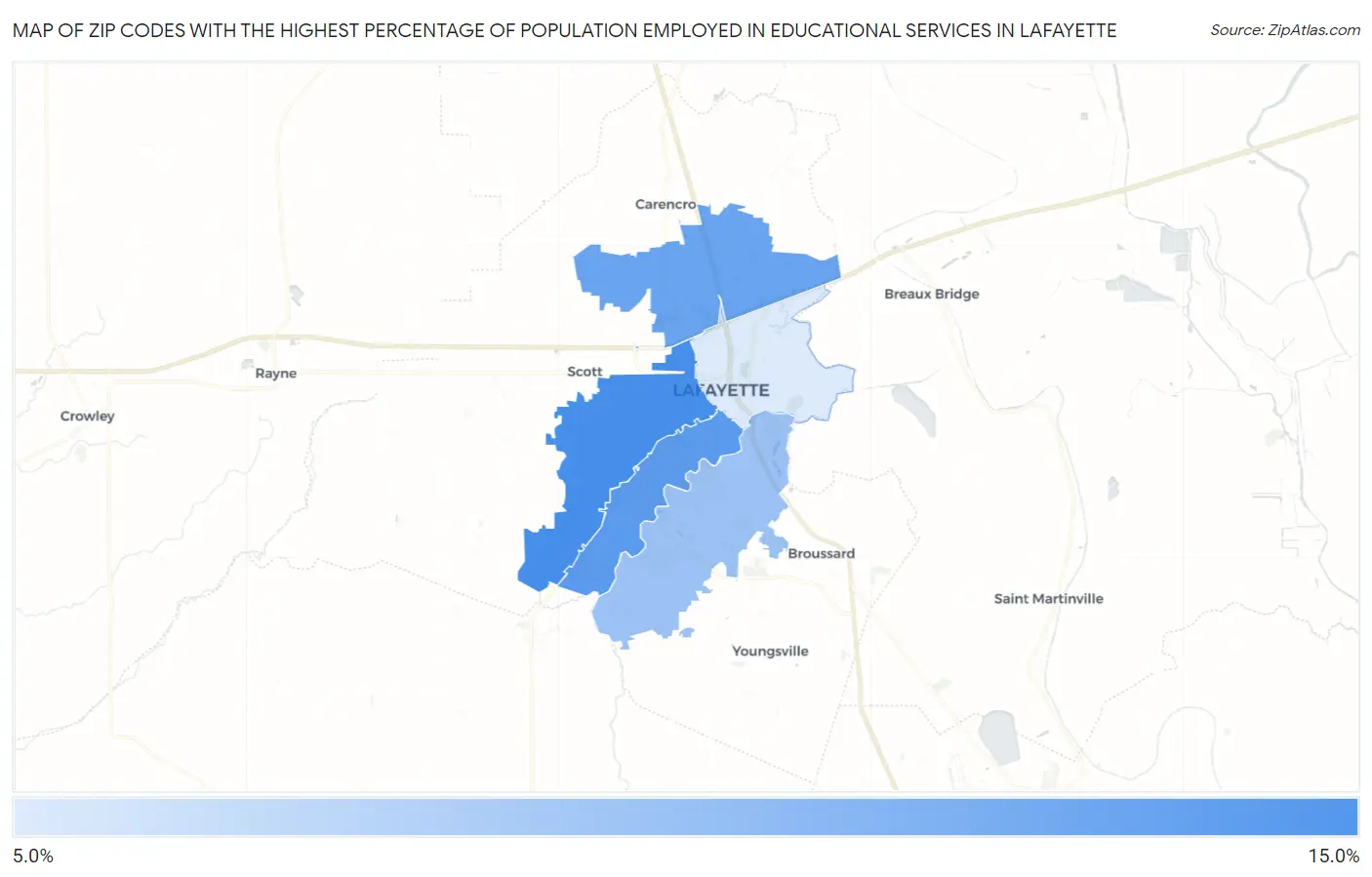 Zip Codes with the Highest Percentage of Population Employed in Educational Services in Lafayette Map