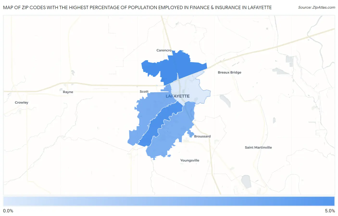 Zip Codes with the Highest Percentage of Population Employed in Finance & Insurance in Lafayette Map