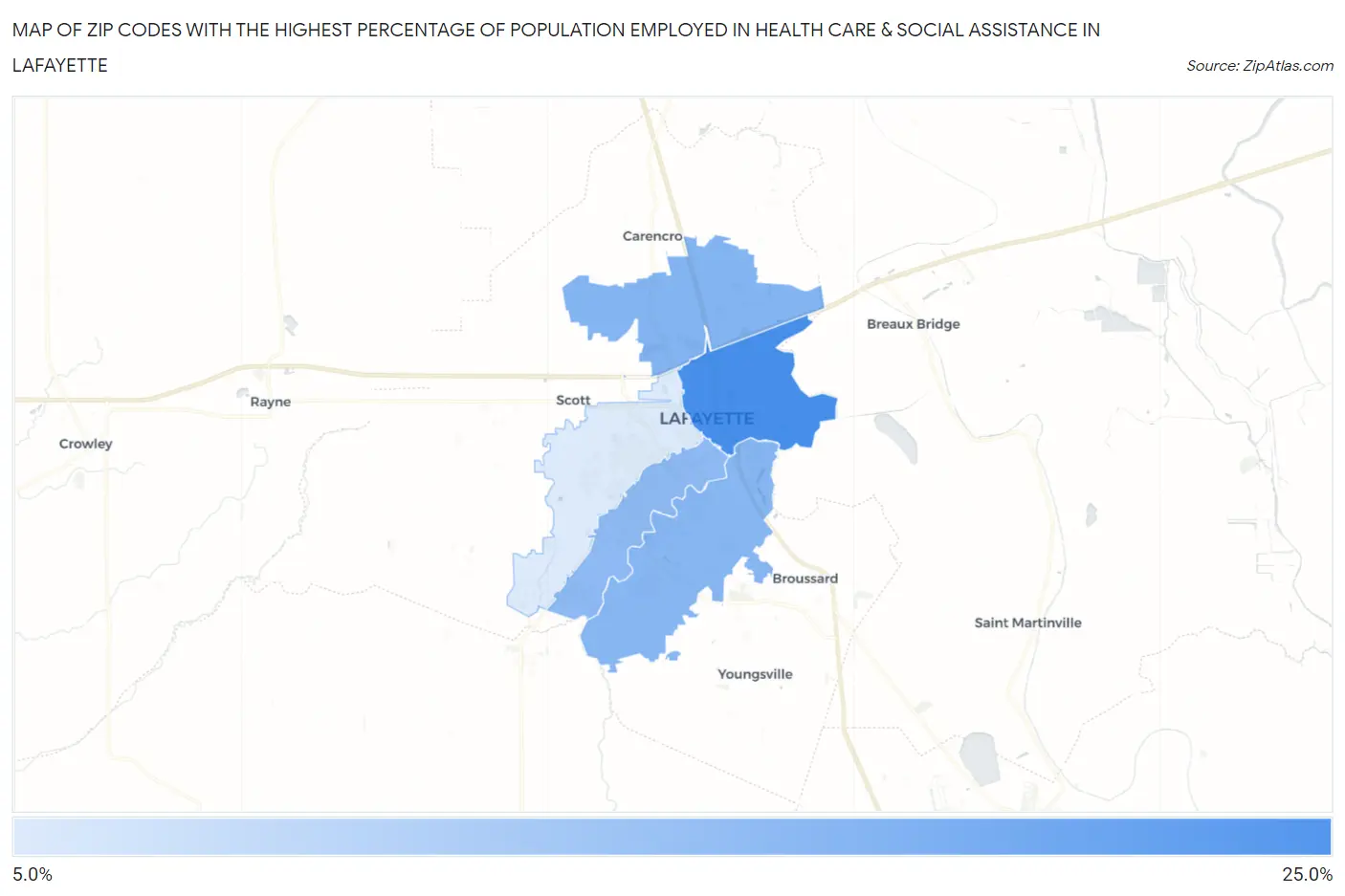 Zip Codes with the Highest Percentage of Population Employed in Health Care & Social Assistance in Lafayette Map