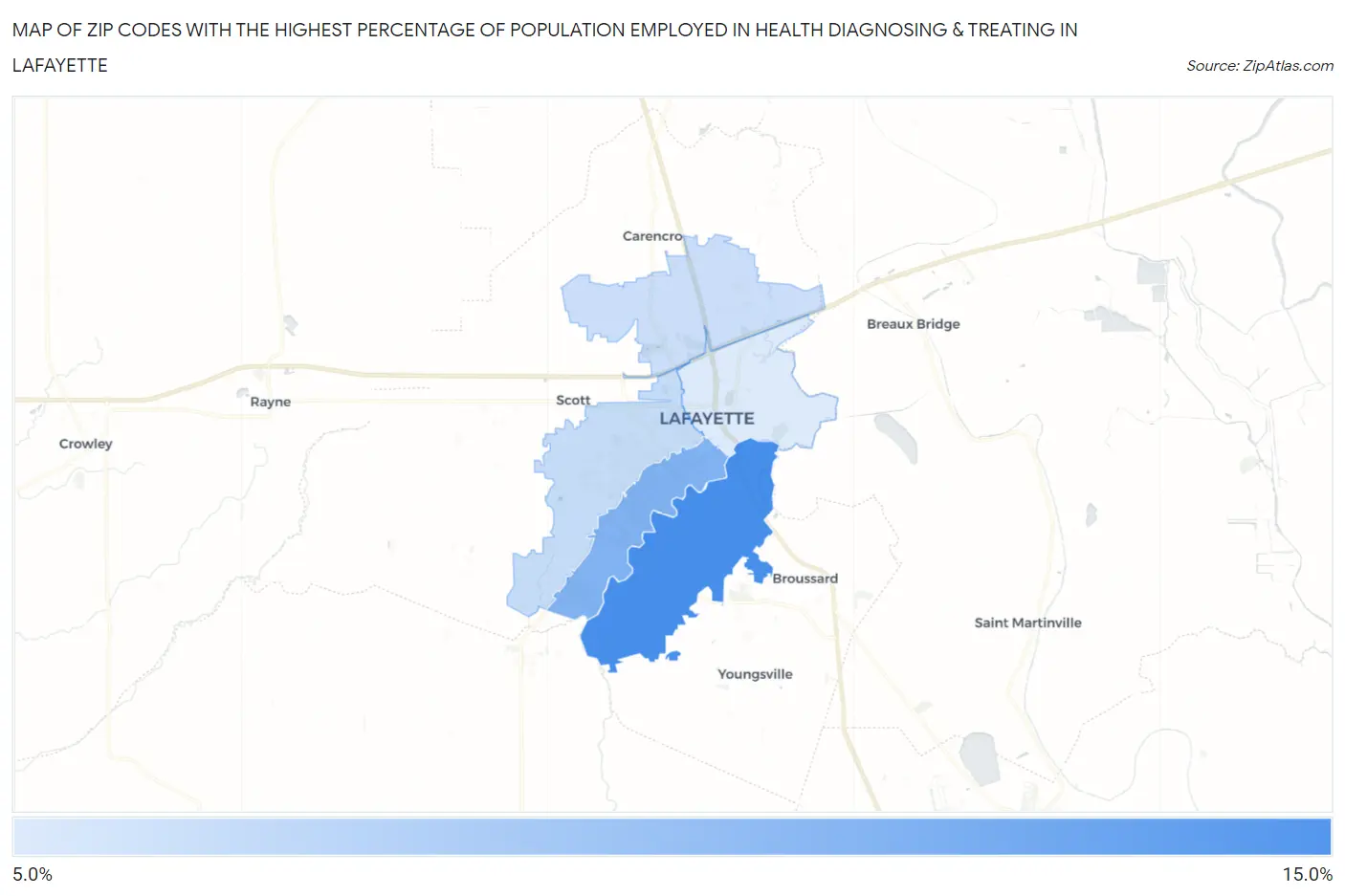 Zip Codes with the Highest Percentage of Population Employed in Health Diagnosing & Treating in Lafayette Map