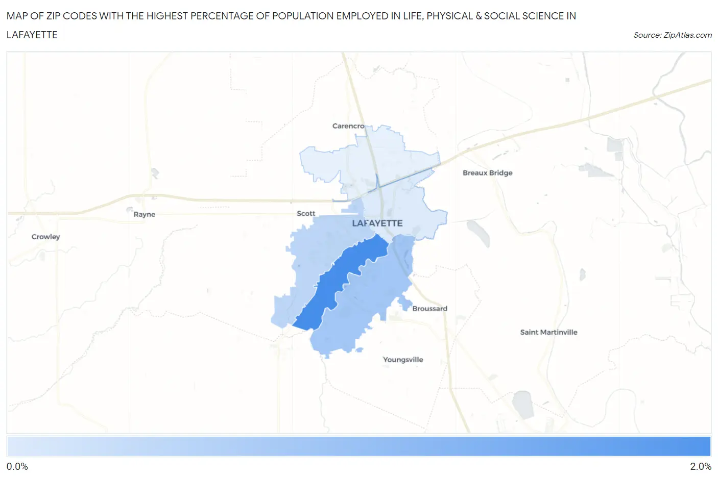 Zip Codes with the Highest Percentage of Population Employed in Life, Physical & Social Science in Lafayette Map