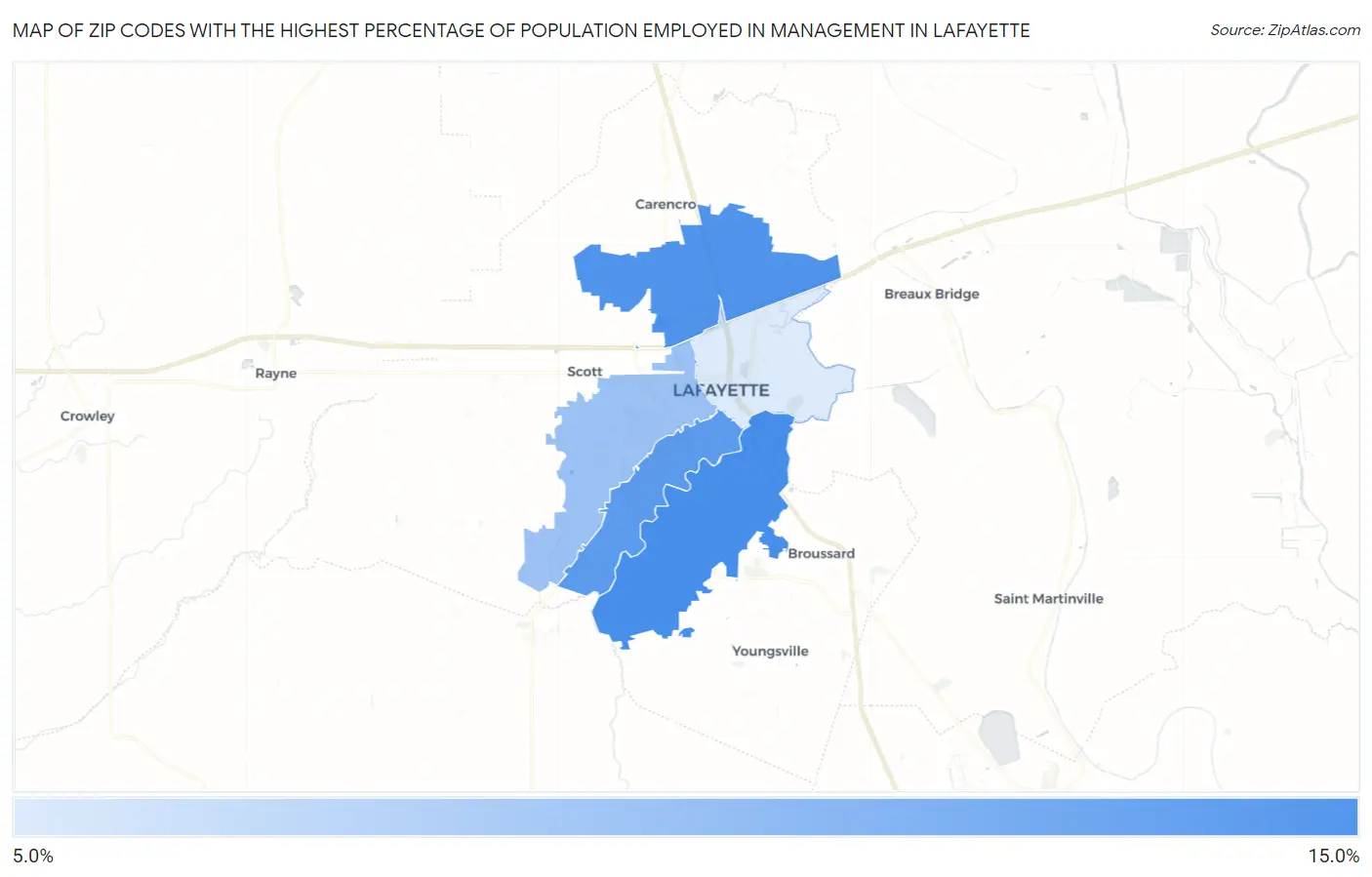 Zip Codes with the Highest Percentage of Population Employed in Management in Lafayette Map