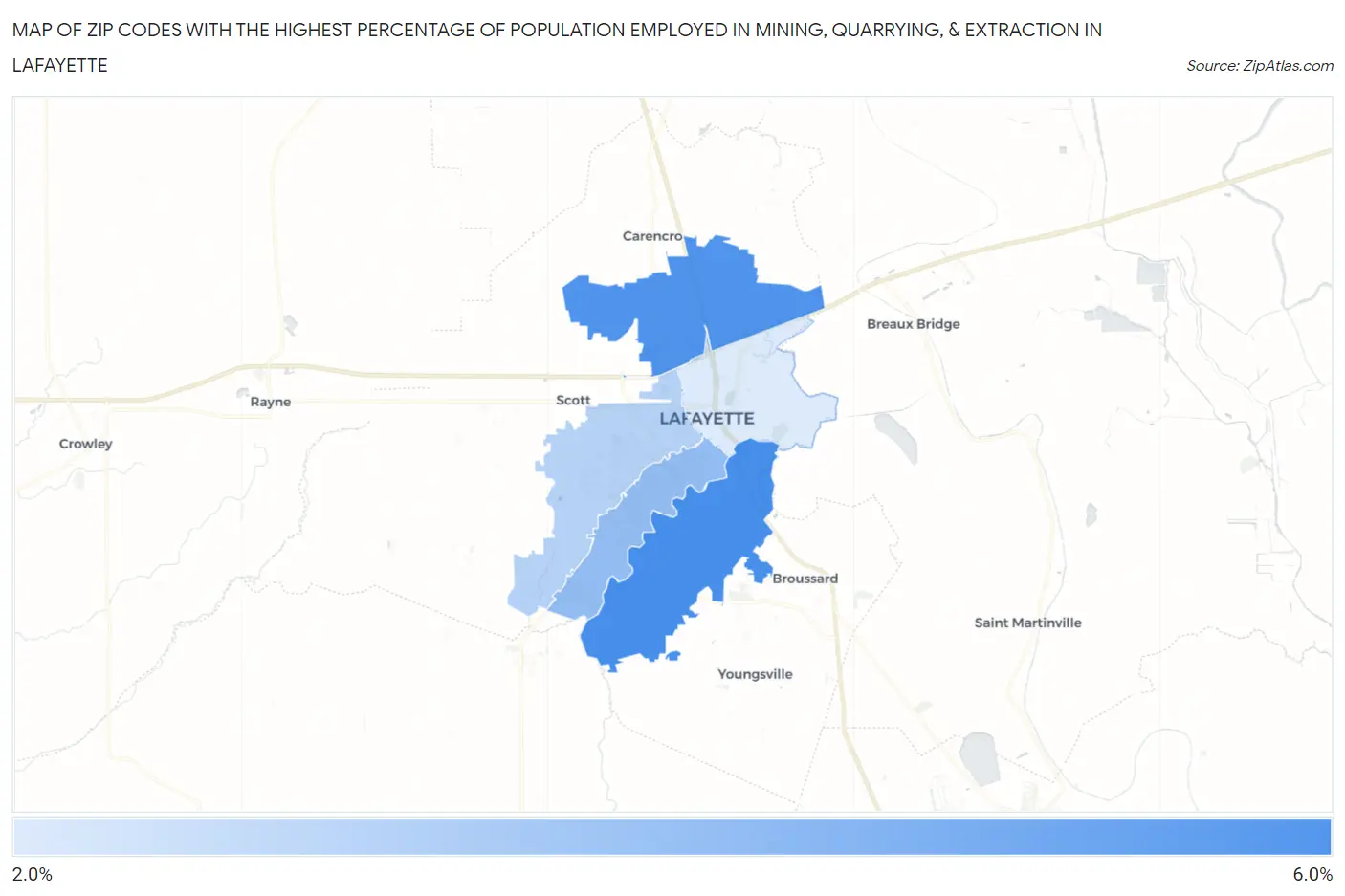 Zip Codes with the Highest Percentage of Population Employed in Mining, Quarrying, & Extraction in Lafayette Map