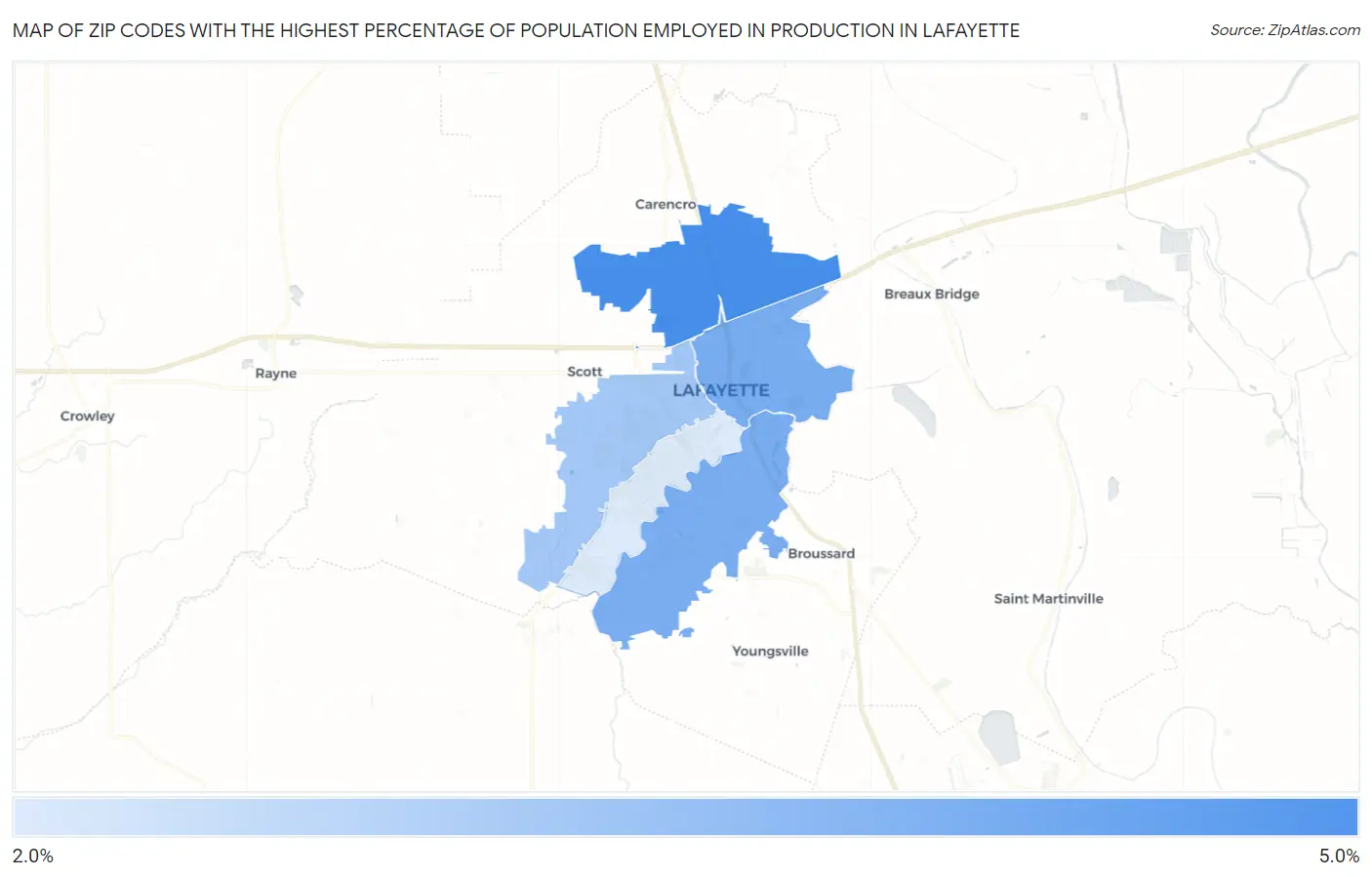 Zip Codes with the Highest Percentage of Population Employed in Production in Lafayette Map