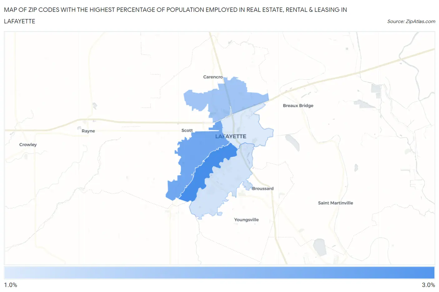 Zip Codes with the Highest Percentage of Population Employed in Real Estate, Rental & Leasing in Lafayette Map