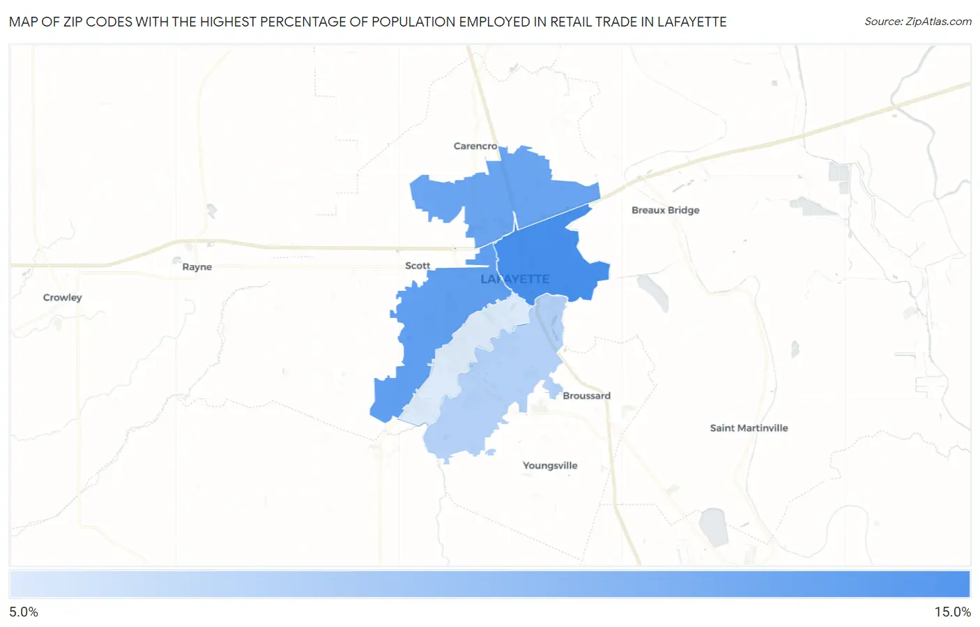 Zip Codes with the Highest Percentage of Population Employed in Retail Trade in Lafayette Map