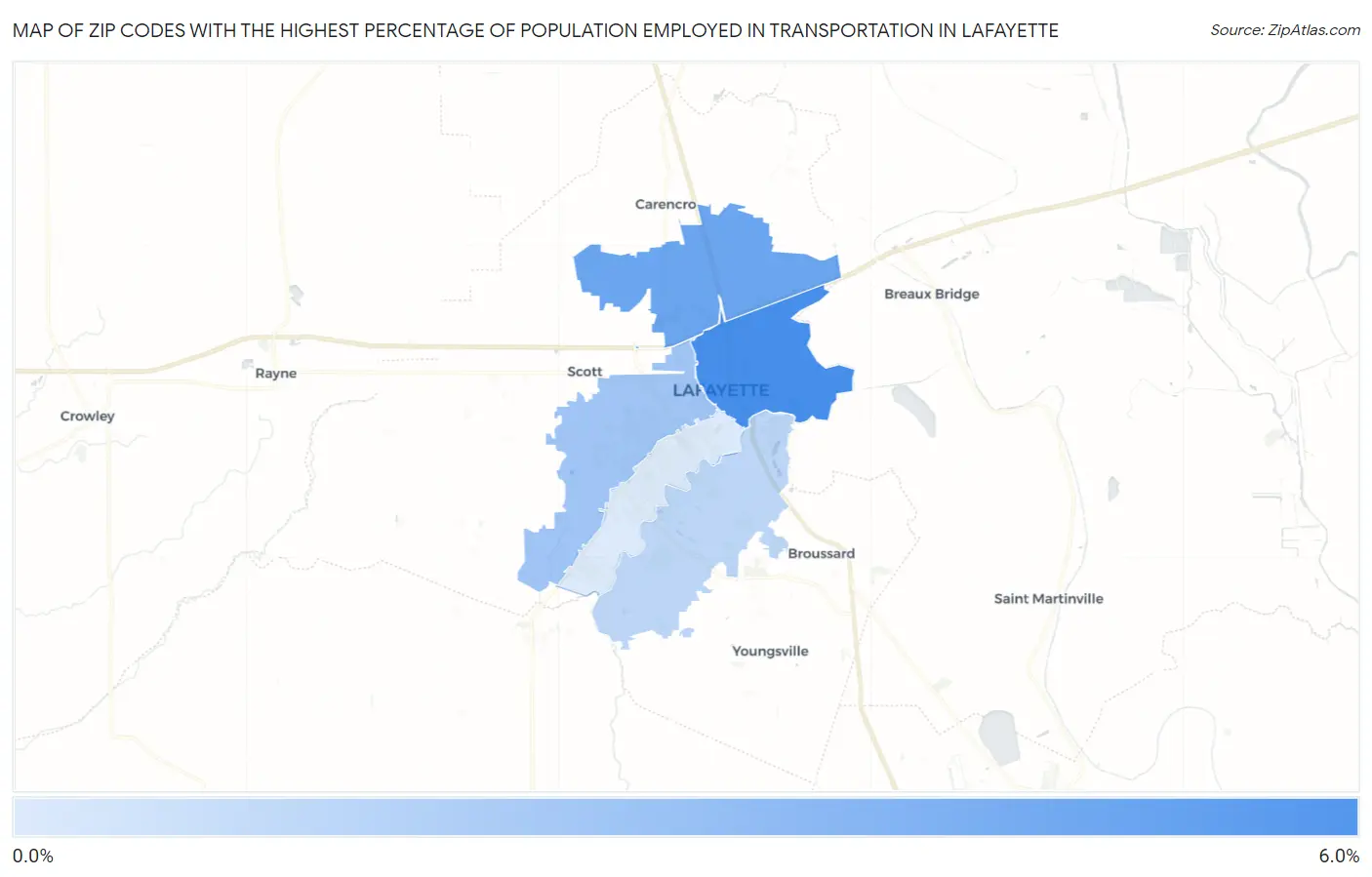 Zip Codes with the Highest Percentage of Population Employed in Transportation in Lafayette Map