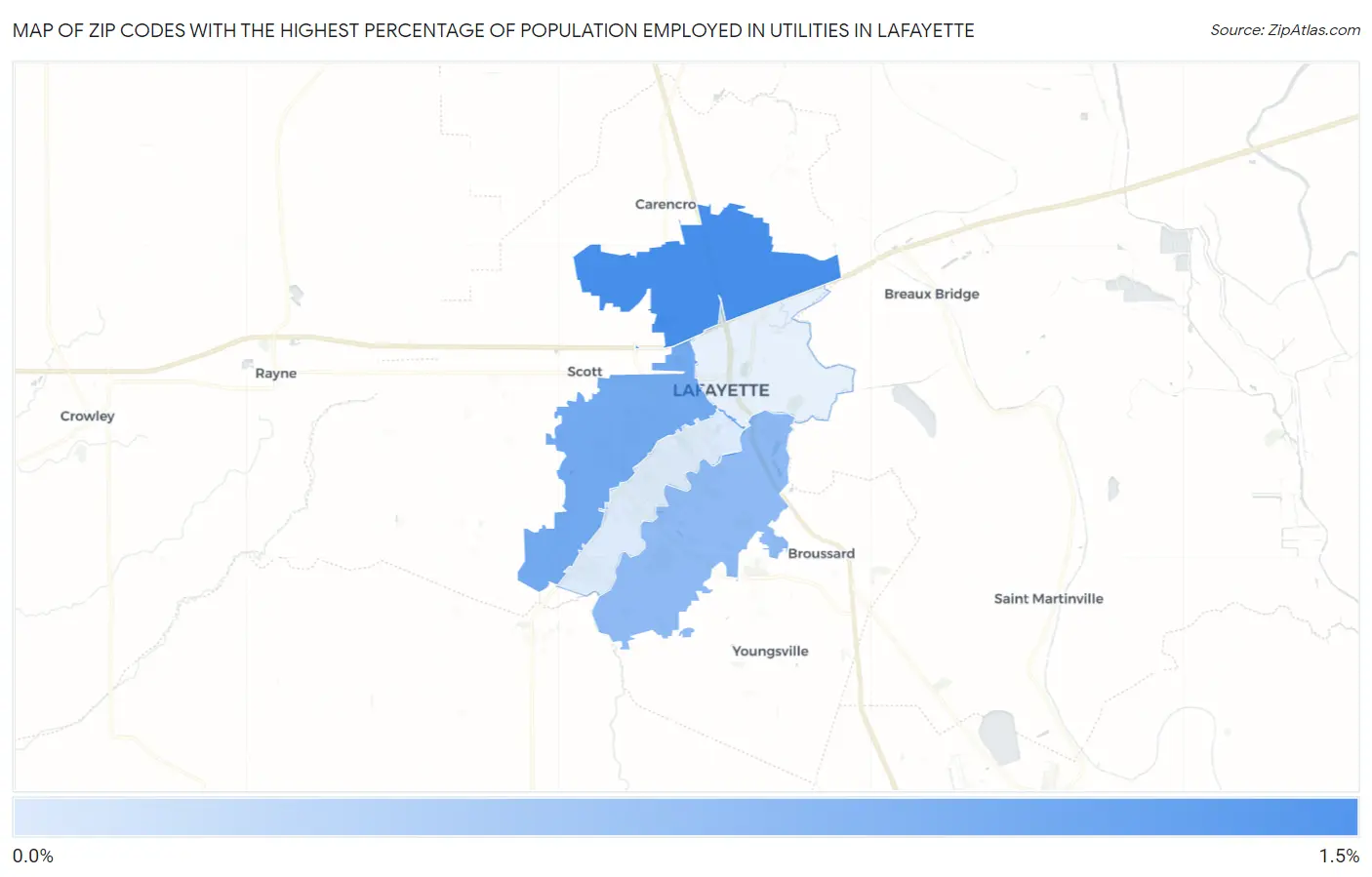 Zip Codes with the Highest Percentage of Population Employed in Utilities in Lafayette Map