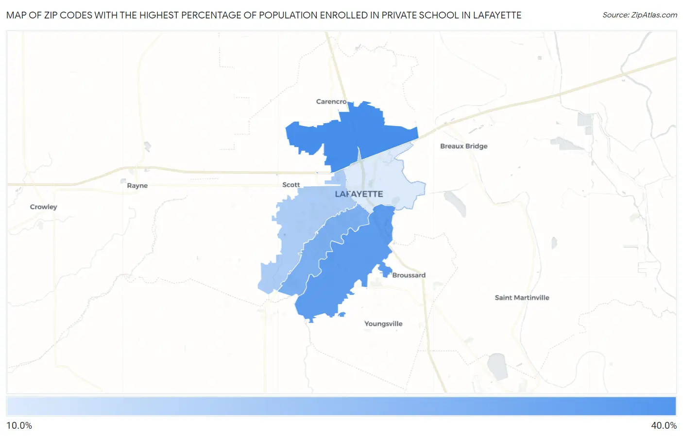 Zip Codes with the Highest Percentage of Population Enrolled in Private School in Lafayette Map