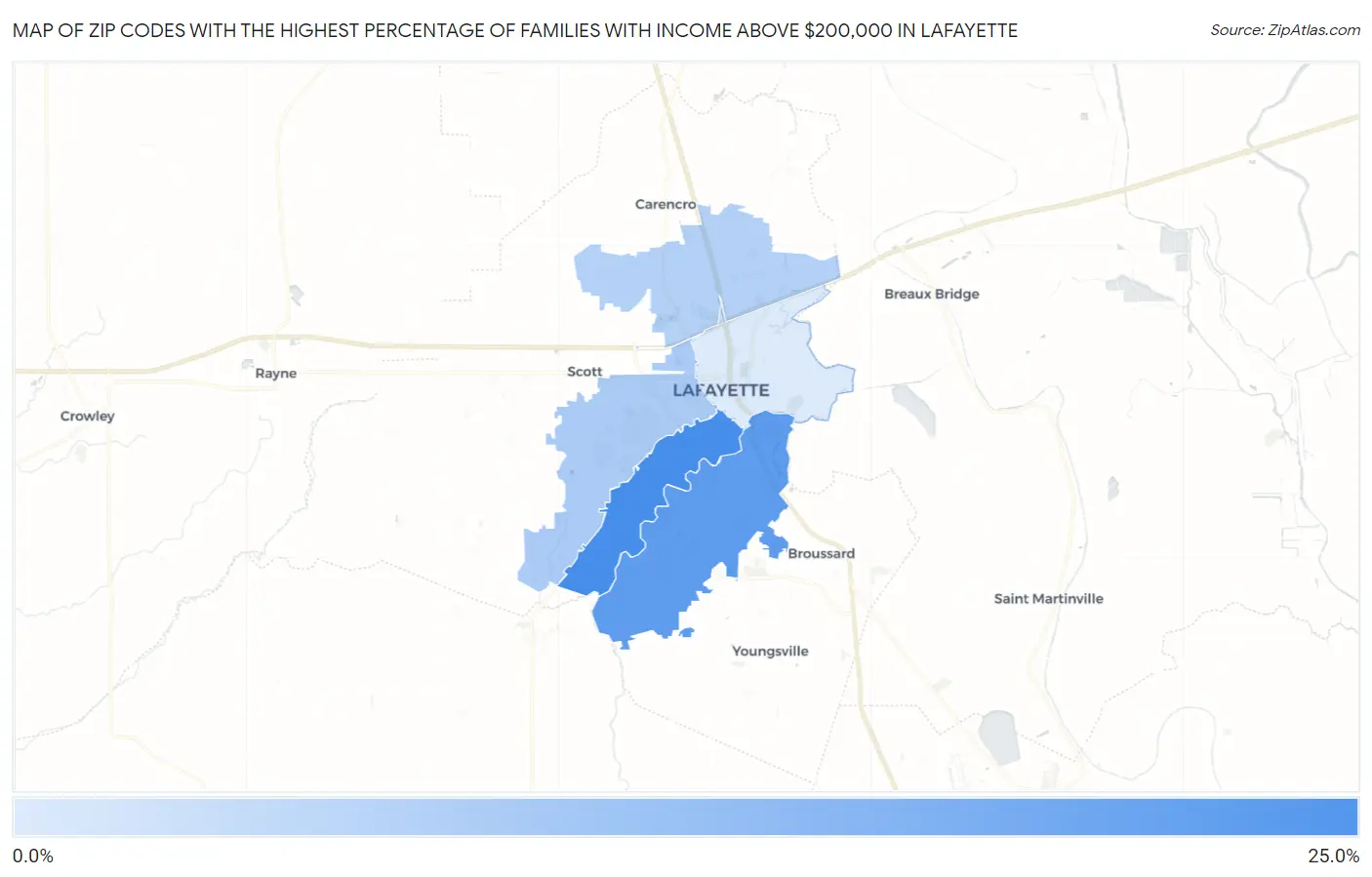 Zip Codes with the Highest Percentage of Families with Income Above $200,000 in Lafayette Map