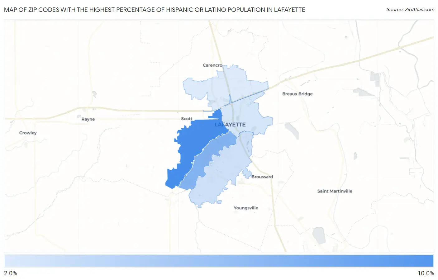 Zip Codes with the Highest Percentage of Hispanic or Latino Population in Lafayette Map